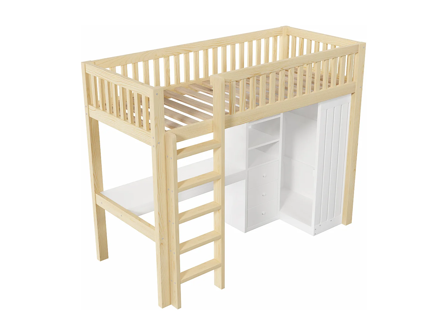 Lit mezzanine 90x200 cm avec bureau, 3 tiroirs et armoire vêtement - Blanc et naturel clair