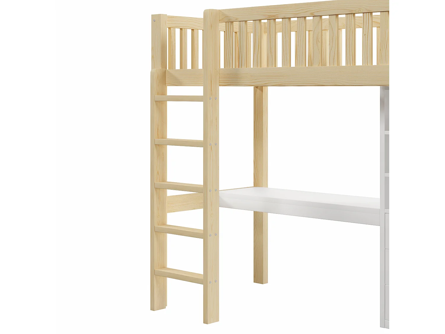 Lit mezzanine 90x200 cm avec bureau, 3 tiroirs et armoire vêtement - Blanc et naturel clair