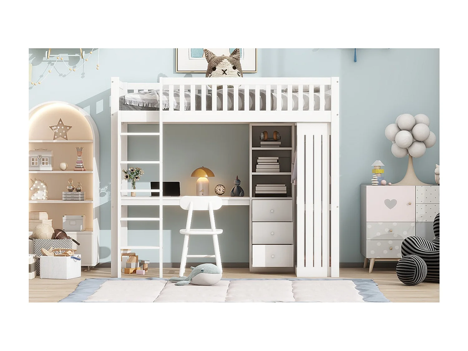 Lit mezzanine 90x200 cm avec bureau, 3 tiroirs et armoire vêtement - Blanc