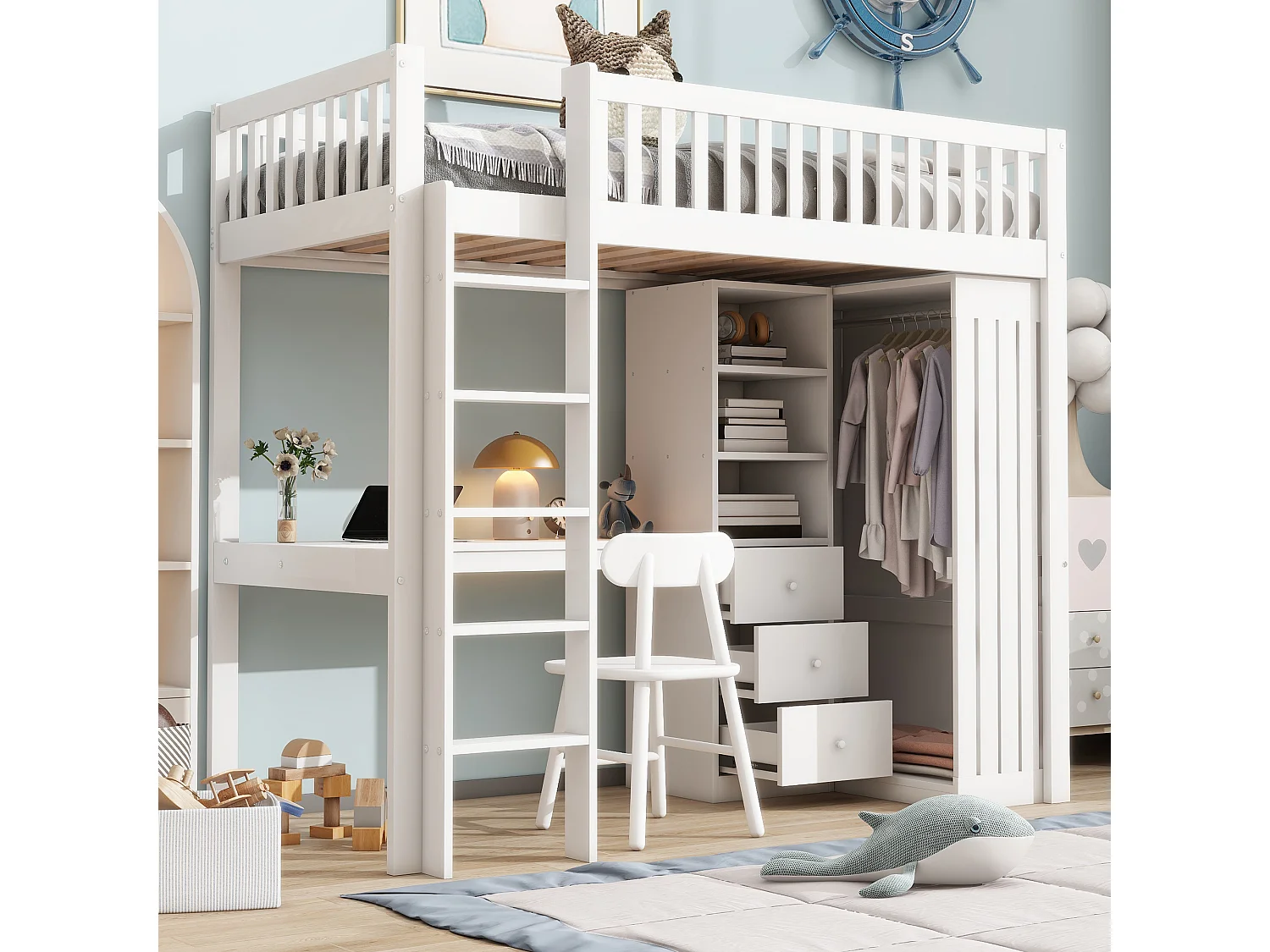 Lit mezzanine 90x200 cm avec bureau, 3 tiroirs et armoire vêtement - Blanc