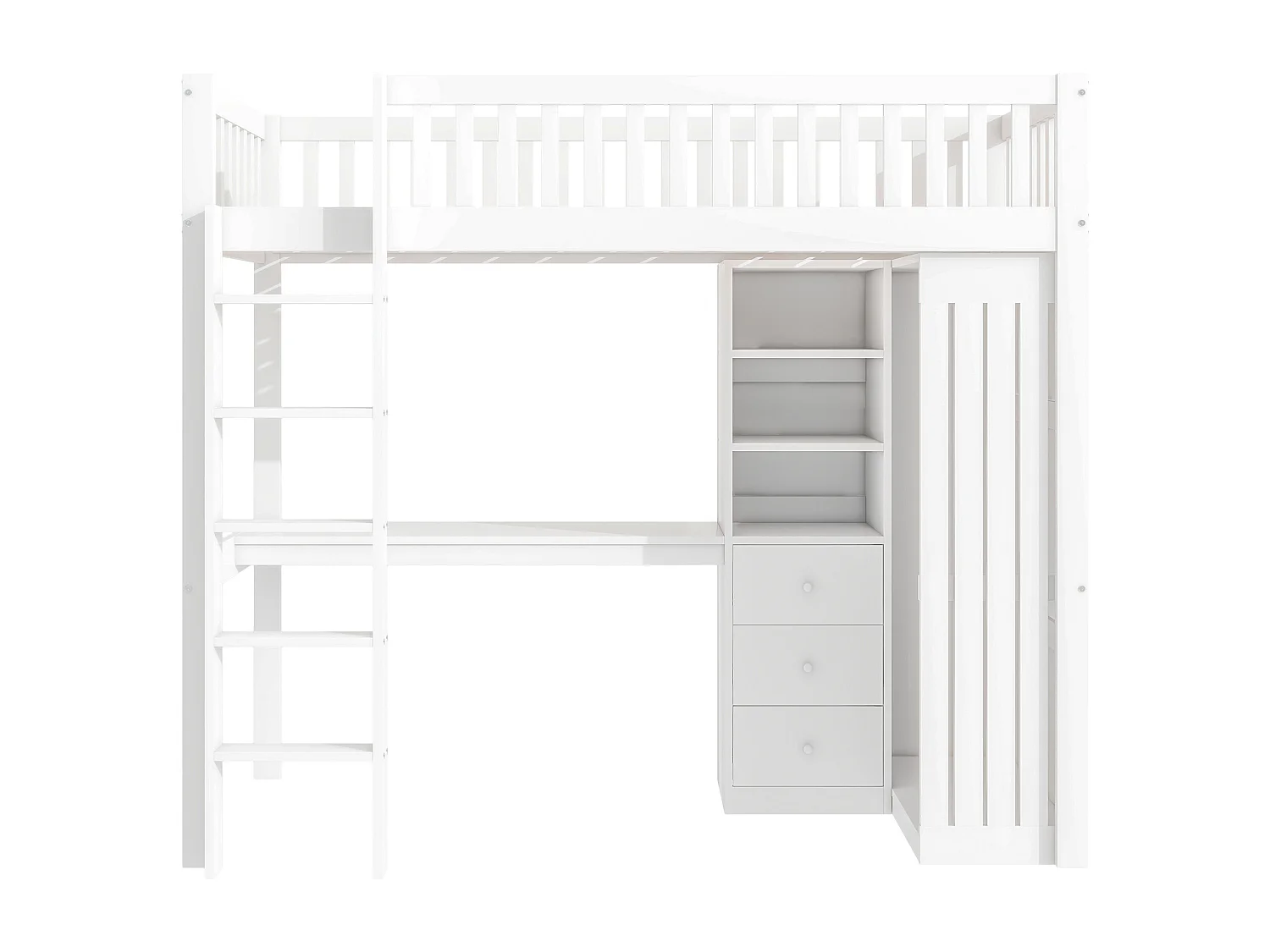 Lit mezzanine 90x200 cm avec bureau, 3 tiroirs et armoire vêtement - Blanc
