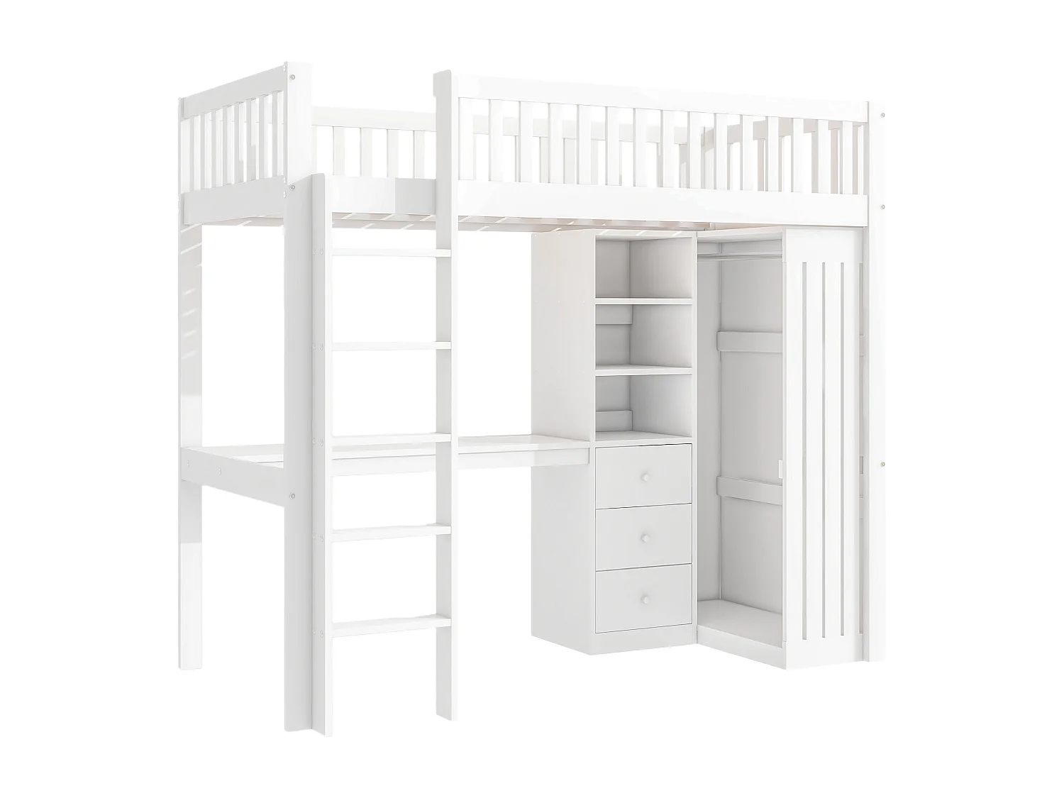 Lit mezzanine 90x200 cm avec bureau, 3 tiroirs et armoire vêtement - Blanc