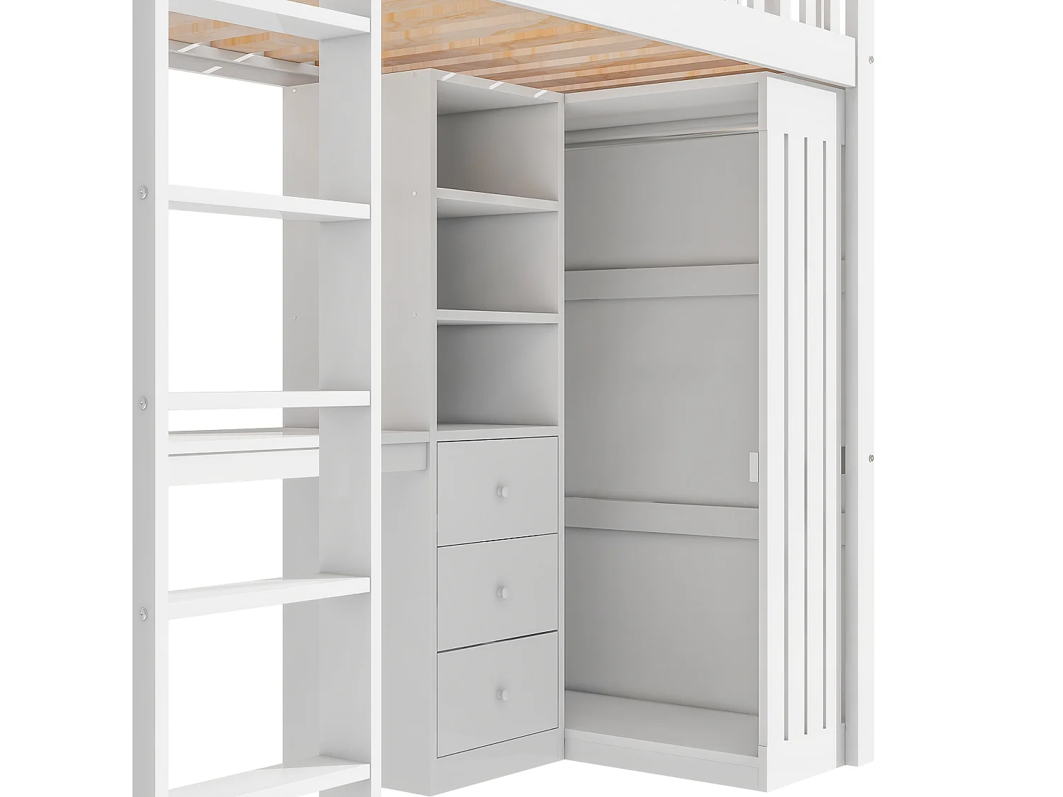 Lit mezzanine 90x200 cm avec bureau, 3 tiroirs et armoire vêtement - Blanc