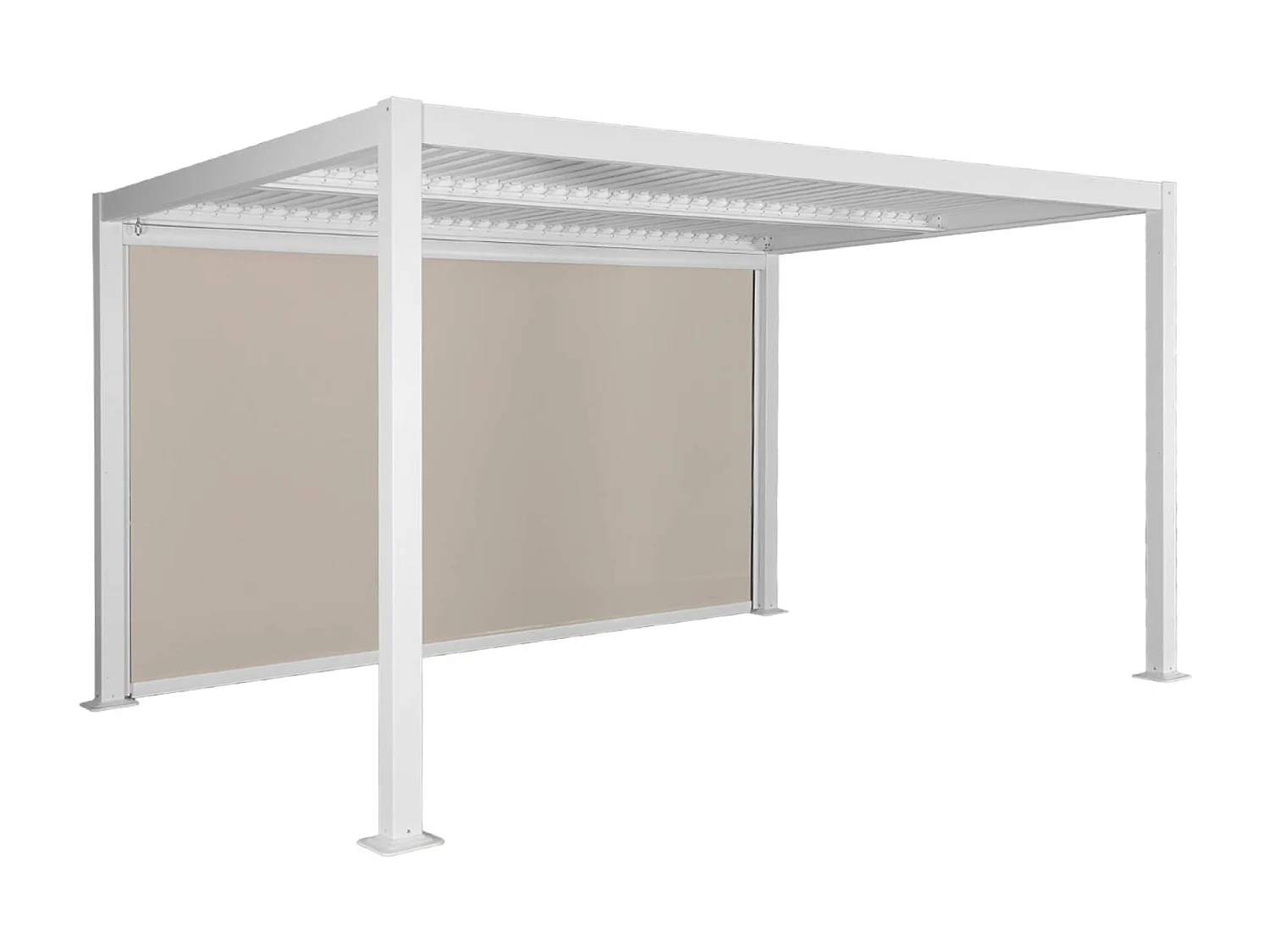 Pergola bioclimatica 3x4m in alluminio e acciaio + tenda 4m, bianco