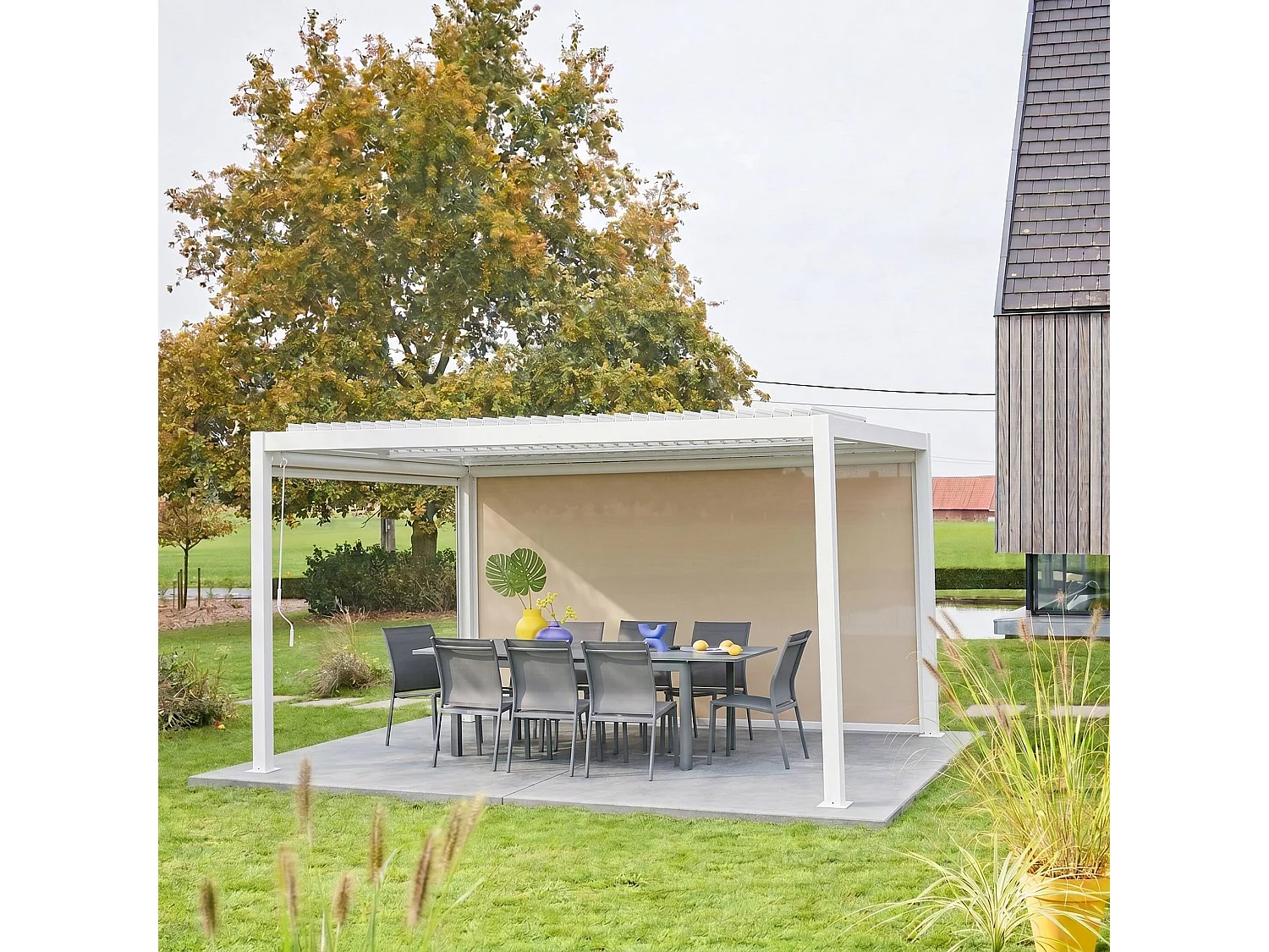 Pérgola bioclimática de aluminio y acero 3x4m + toldo 4m blanco
