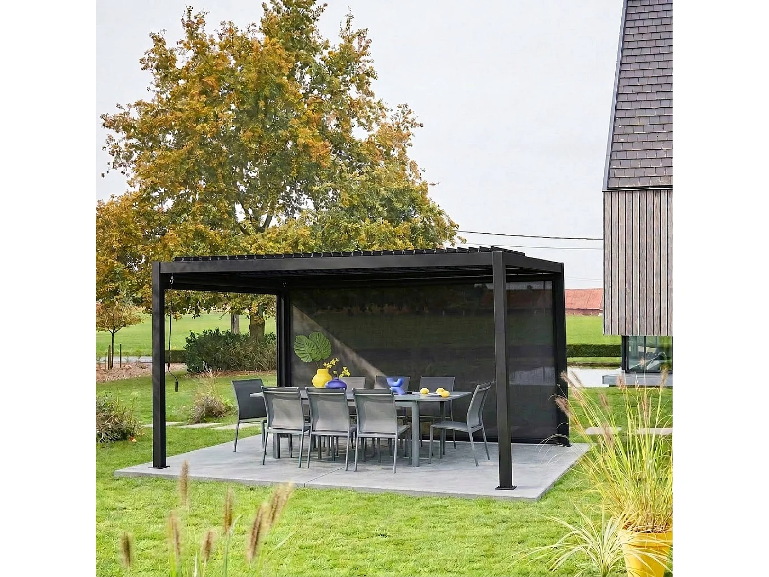 Pérgola bioclimática de aluminio y acero 3x4m + toldo 4m negro