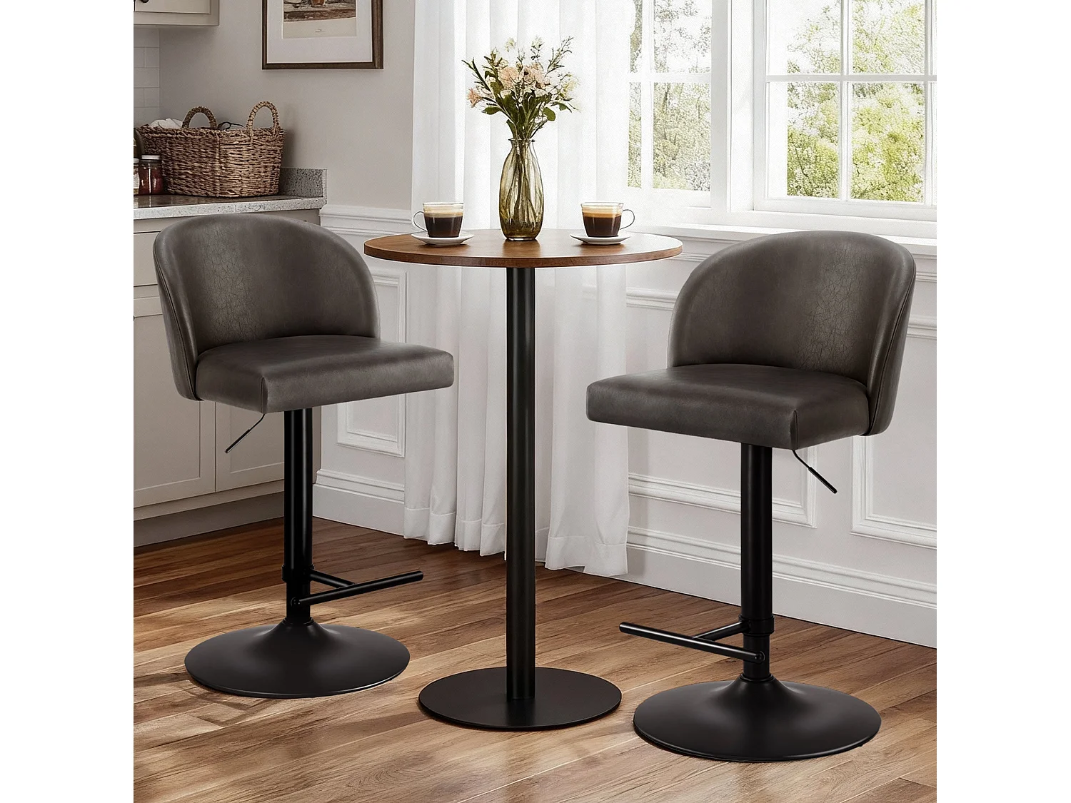 Lot de 4 Tabouret de Bar Chaise de Bar Réglable en Hauteur, Chaises Hautes Revêtement en PU, Rotatif sur 360¡ãavec Dossier et Repose-Pieds Gris foncé