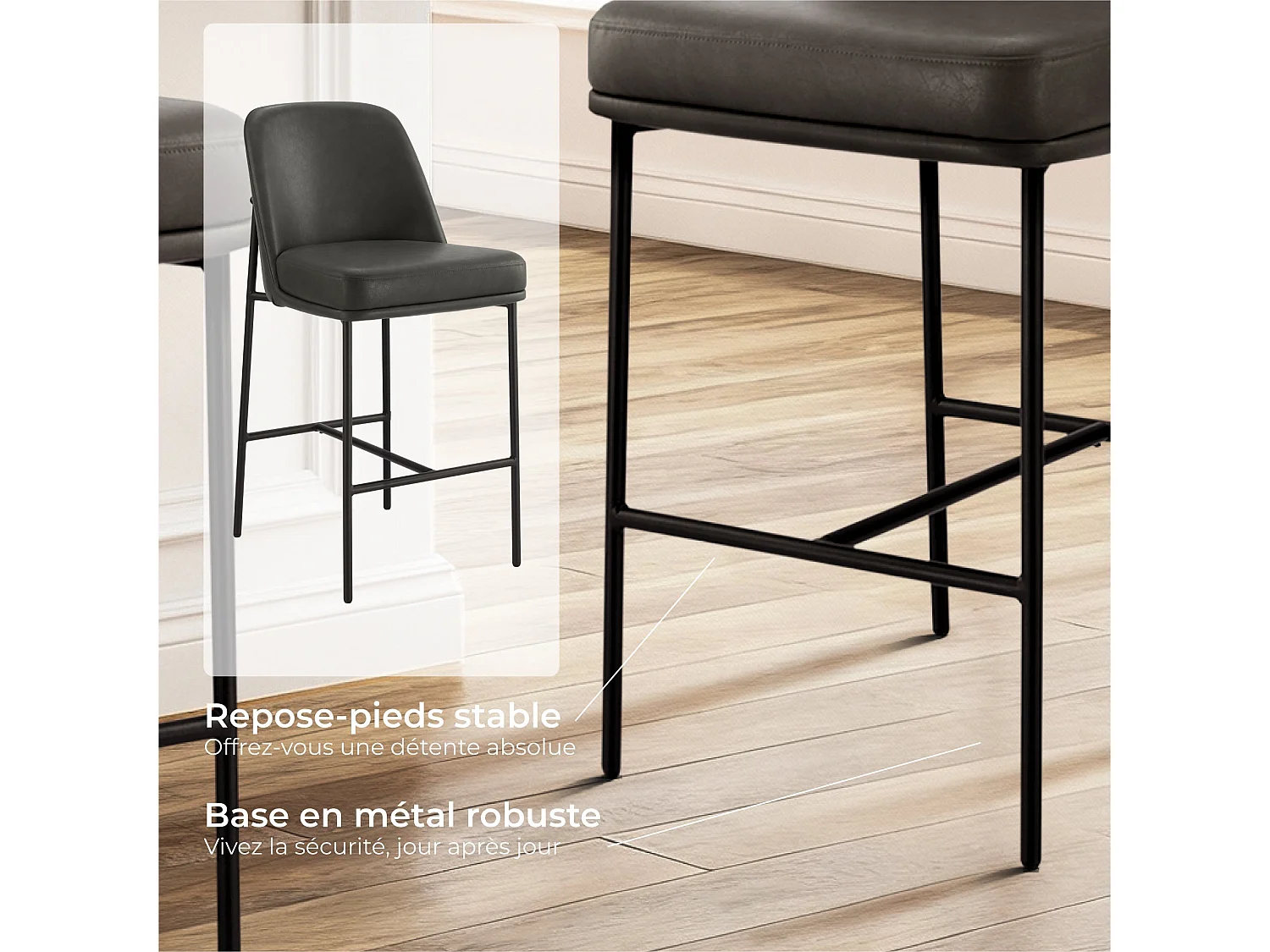 Lot de 4 Tabouret de Bar,Chaise de Bar,Chaises Hautes en PU, avec Dossier et Repose-Pieds, Hauteur 97 cm, pour Bars et Cuisine Gris foncé