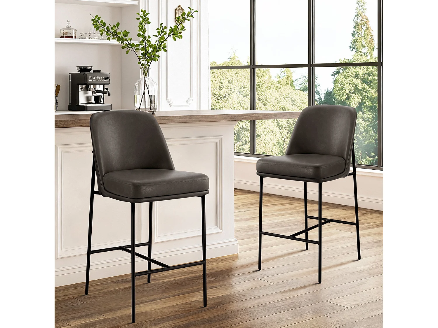 Lot de 4 Tabouret de Bar,Chaise de Bar,Chaises Hautes en PU, avec Dossier et Repose-Pieds, Hauteur 97 cm, pour Bars et Cuisine Gris foncé