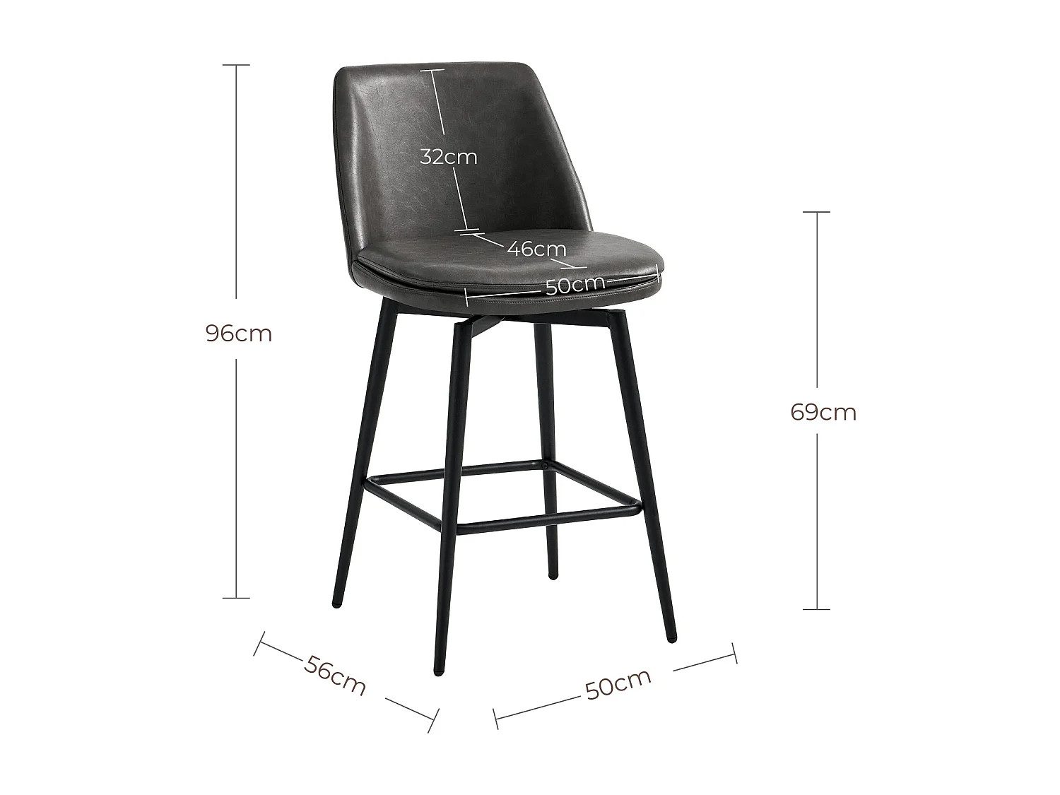 Lot de 6 Tabouret de Bar, Chaise de Bar,Chaises Hautes en PU, Rotatif sur 360°avec Dossier et Repose-Pieds, Hauteur 96 cm, pour Bars et Cuisine Gris foncé