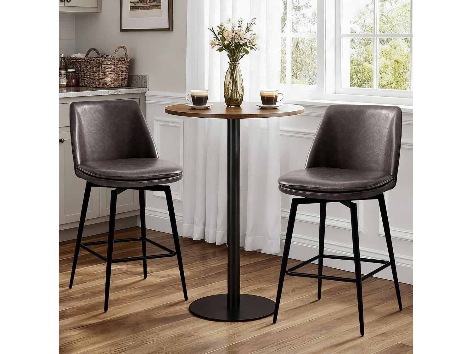 Lot de 6 Tabouret de Bar, en PU, Rotatif sur 360°avec Dossier et Repose-Pieds, Hauteur 96 cm