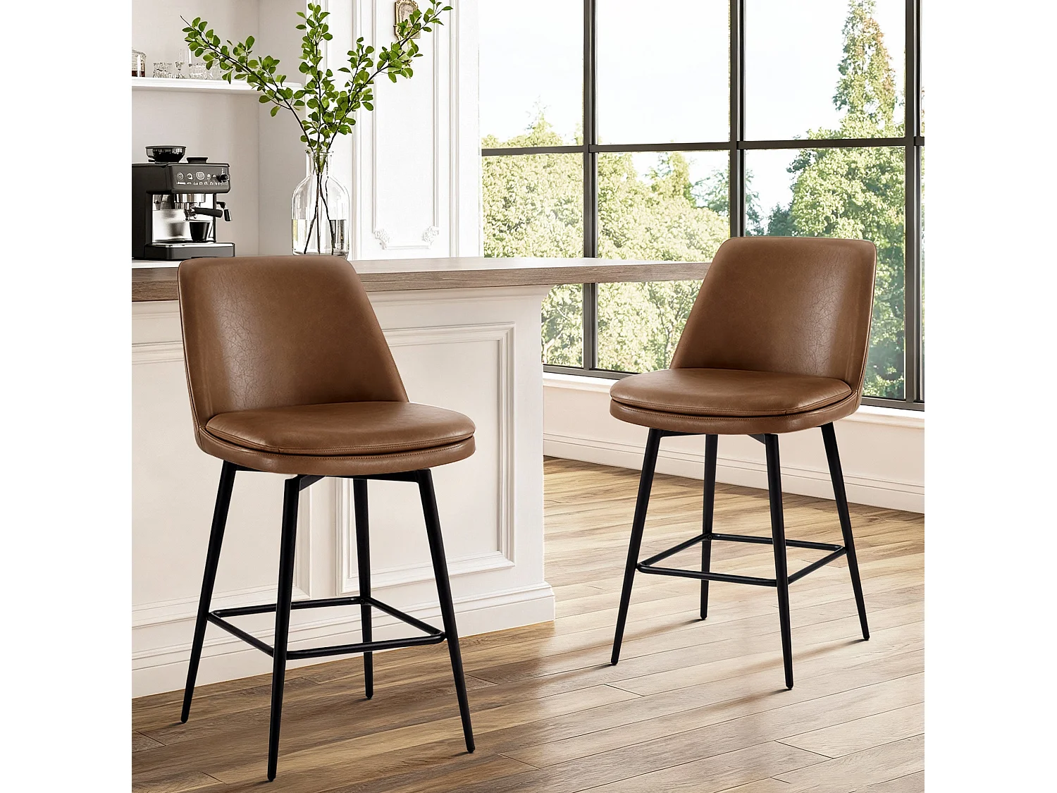 Lot de 4 Tabouret de Bar, Chaise de Bar,Chaises Hautes en PU, Rotatif sur 360° avec Dossier et Repose-Pieds, Hauteur 96 cm, pour Bars et Cuisine Brun