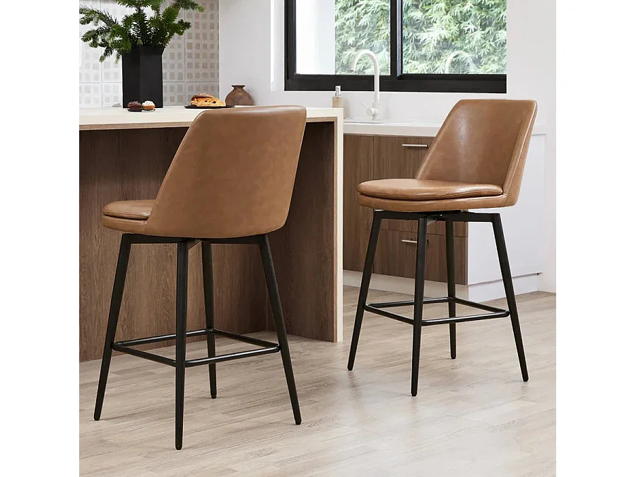Lot de 4 Tabouret de Bar, Chaise de Bar,Chaises Hautes en PU, Rotatif sur 360° avec Dossier et Repose-Pieds, Hauteur 96 cm, pour Bars et Cuisine Brun