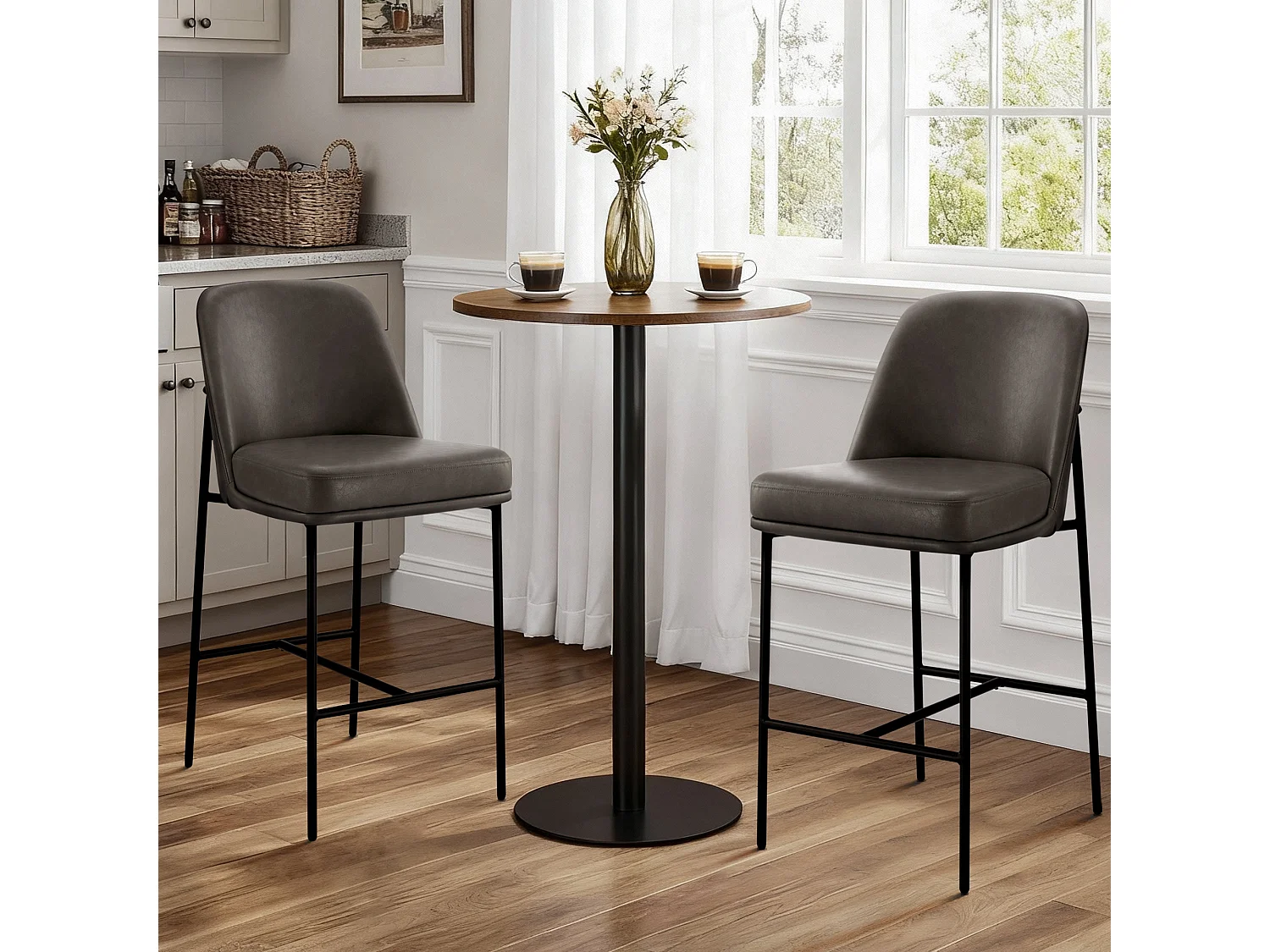 Lot de 6 Tabouret de Bar,en PU, avec Dossier et Repose-Pieds, Hauteur 97 cm-Marron