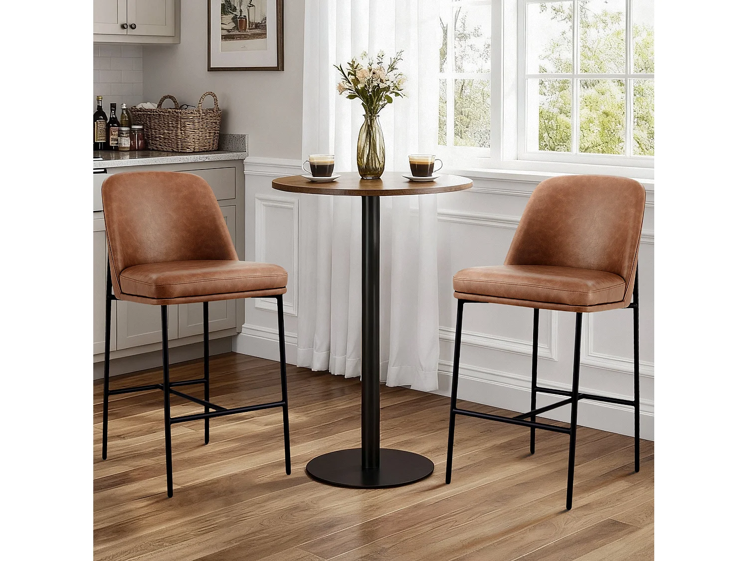 Lot de 6 Tabouret de Bar,Chaise de Bar,Chaises Hautes en PU, avec Dossier et Repose-Pieds, Hauteur 97 cm, pour Bars et Cuisine Brun