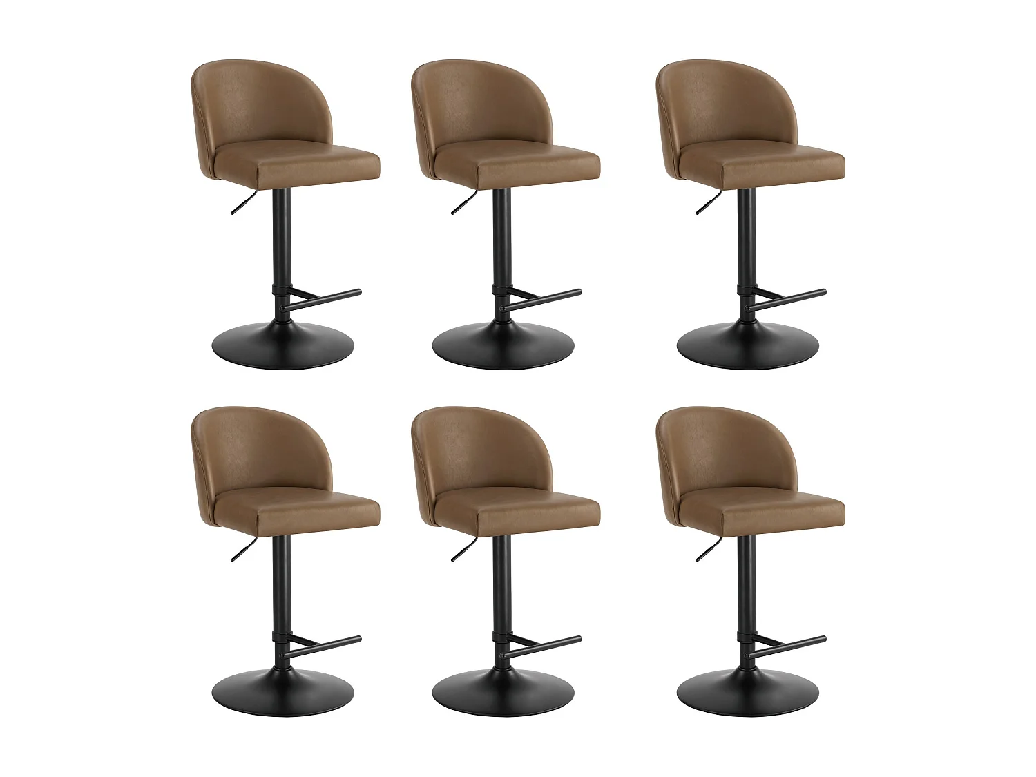 Lot de 6 Tabouret de Bar Chaise de Bar Réglable en Hauteur, Chaises Hautes Revêtement en PU, Rotatif sur 360°avec Dossier et Repose-Pieds Brun
