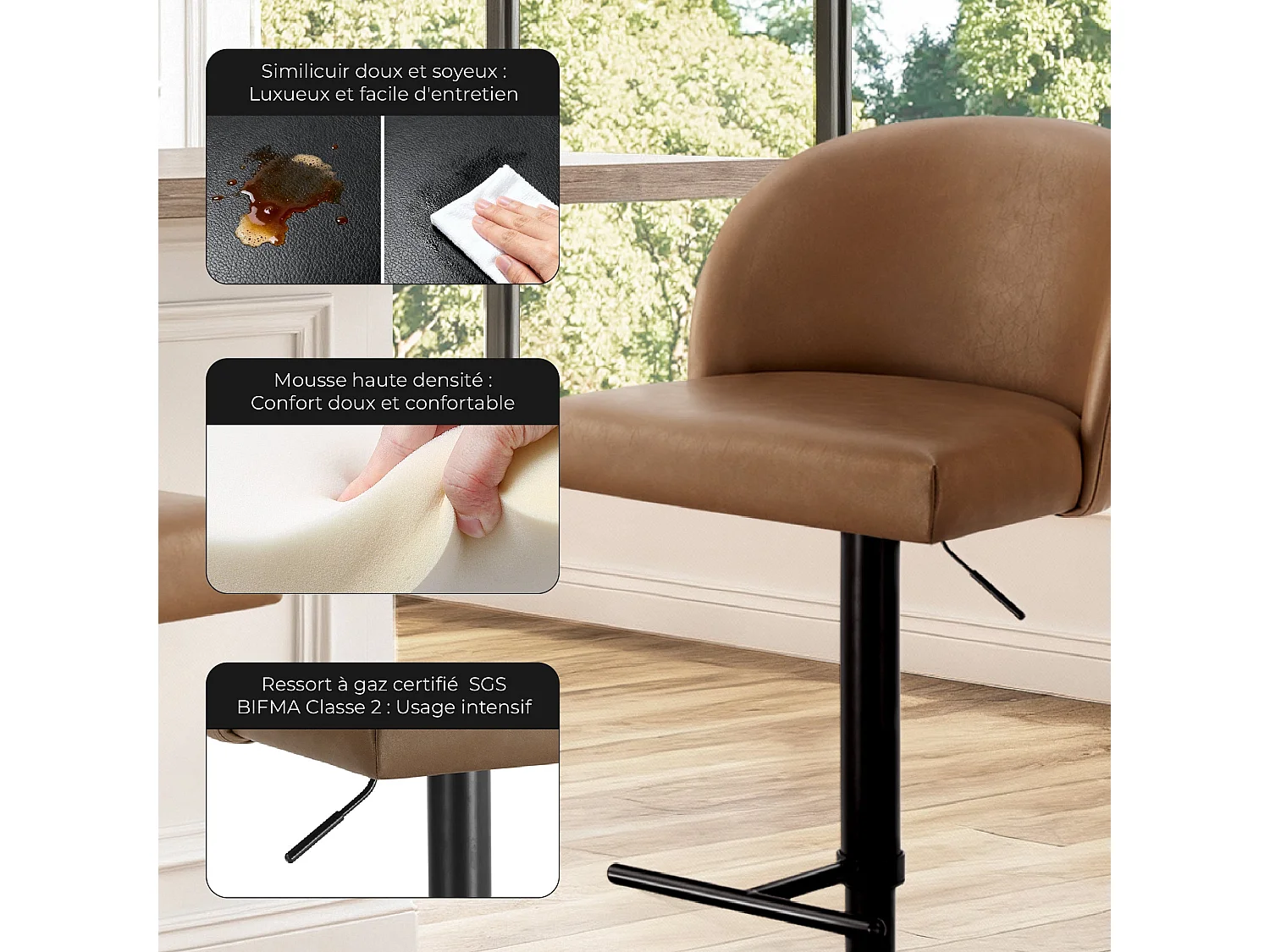 Lot de 6 Tabouret de Bar Réglable en Hauteur, Revêtement en PU, Rotatif sur 360°-Marron