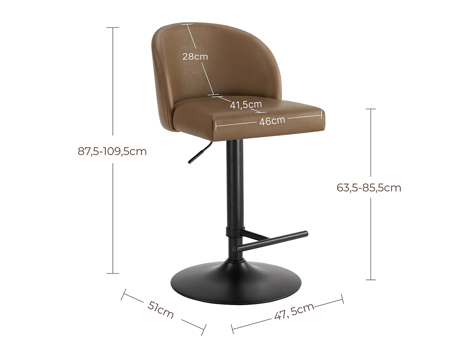 Lot de 6 Tabouret de Bar Réglable en Hauteur, Revêtement en PU, Rotatif sur 360°-Marron