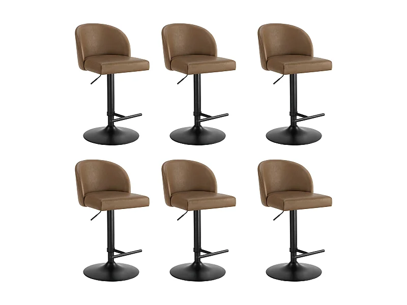 Lot de 6 Tabouret de Bar Chaise de Bar Réglable en Hauteur, Chaises Hautes Revêtement en PU, Rotatif sur 360°avec Dossier et Repose-Pieds Brun