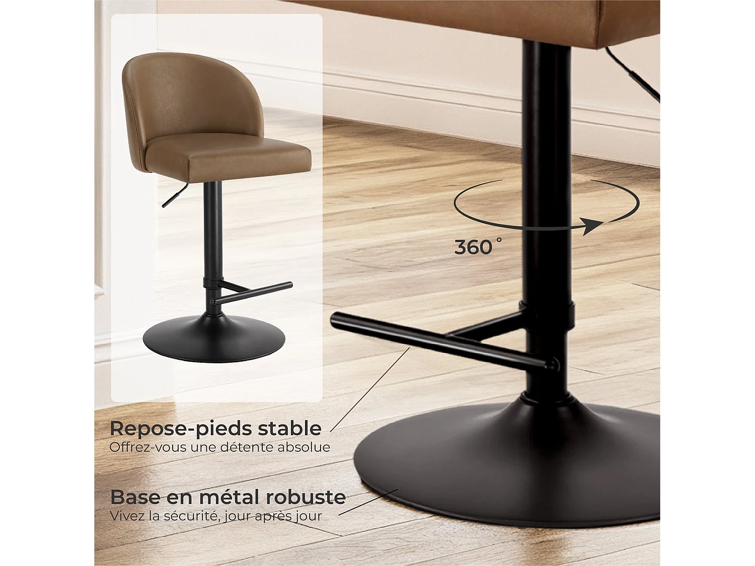 Lot de 4 Tabouret de Bar Chaise de Bar Réglable en Hauteur, Chaises Hautes Revêtement en PU, Rotatif sur 360° avec Dossier et Repose-Pieds Brun