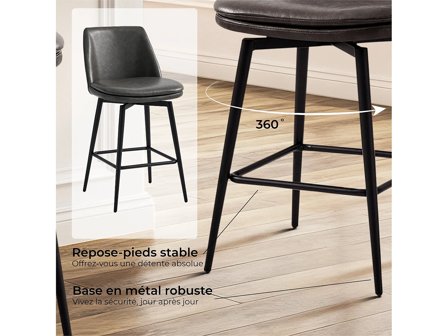 Lot de 4 Tabouret de Bar, Chaise de Bar,Chaises Hautes en PU, Rotatif sur 360° avec Dossier et Repose-Pieds, Hauteur 96 cm, pour Bars et Cuisine Gris foncé