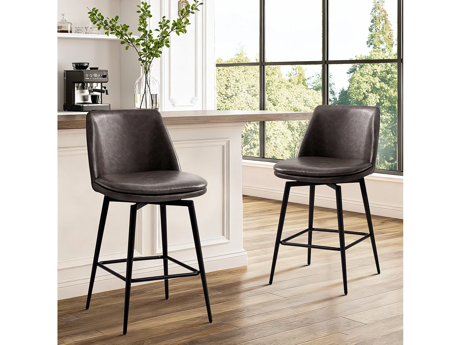 Lot de 4 Tabouret de Bar, Chaise de Bar,Chaises Hautes en PU, Rotatif sur 360° avec Dossier et Repose-Pieds, Hauteur 96 cm, pour Bars et Cuisine Gris foncé