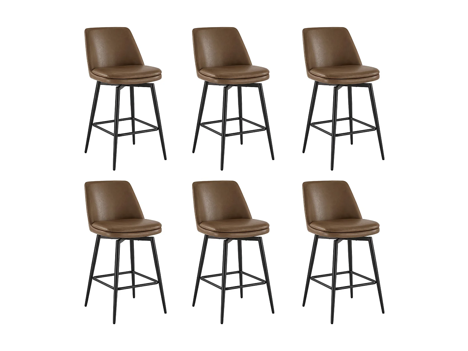 Lot de 6 Tabouret de Bar, Chaise de Bar,Chaises Hautes en PU, Rotatif sur 360°avec Dossier et Repose-Pieds, Hauteur 96 cm, pour Bars et Cuisine Brun