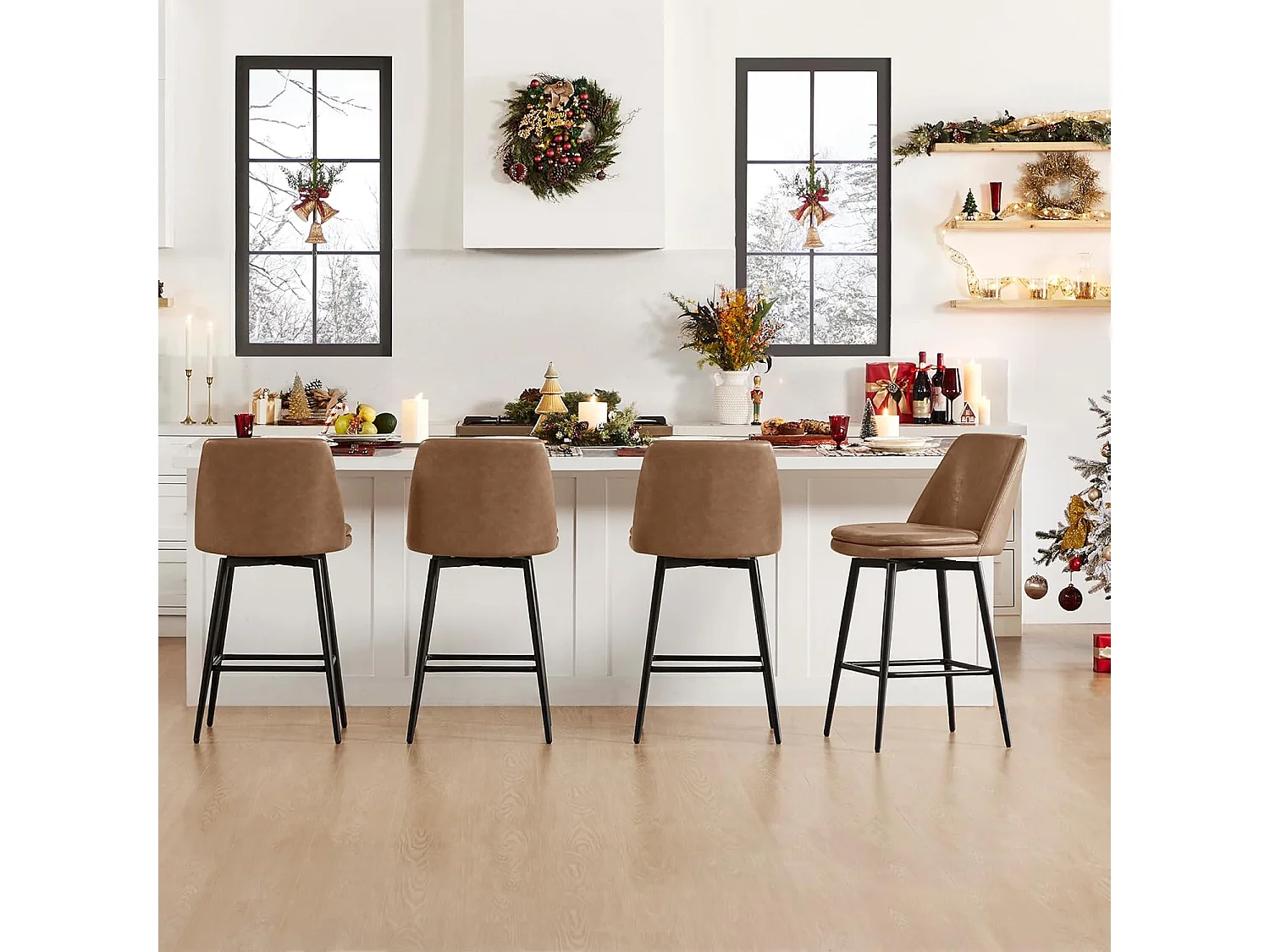 Lot de 6 Tabouret de Bar, Chaise de Bar,Chaises Hautes en PU, Rotatif sur 360°avec Dossier et Repose-Pieds, Hauteur 96 cm, pour Bars et Cuisine Brun