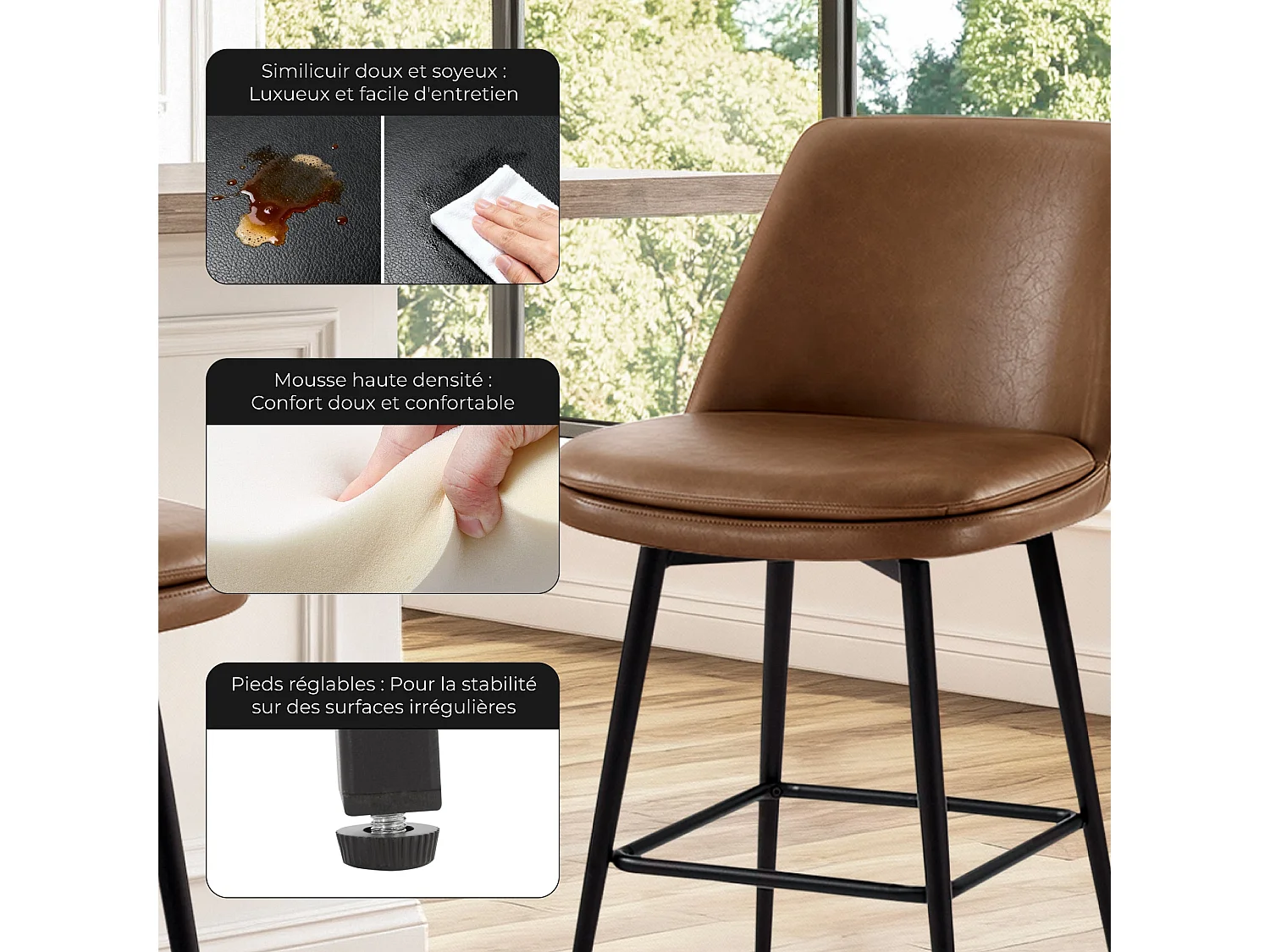 Lot de 6 Tabouret de Bar, Chaise de Bar,Chaises Hautes en PU, Rotatif sur 360°avec Dossier et Repose-Pieds, Hauteur 96 cm, pour Bars et Cuisine Brun