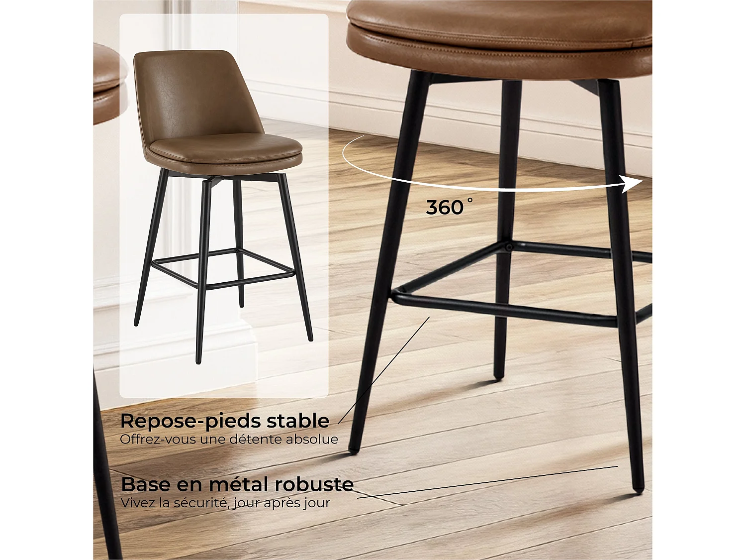 Lot de 6 Tabouret de Bar, Chaise de Bar,Chaises Hautes en PU, Rotatif sur 360°avec Dossier et Repose-Pieds, Hauteur 96 cm, pour Bars et Cuisine Brun