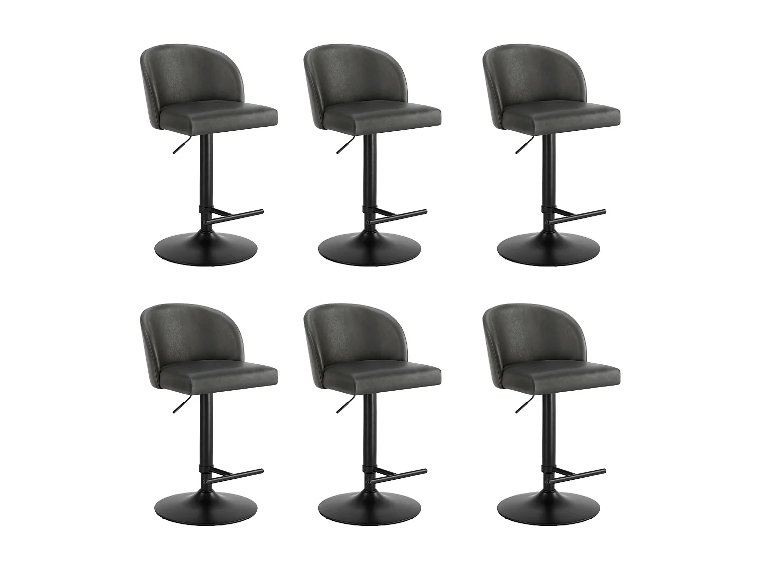 Lot de 6 Tabouret de Bar Chaise de Bar Réglable en Hauteur, Chaises Hautes Revêtement en PU, Rotatif sur 360°avec Dossier et Repose-Pieds Gris foncé