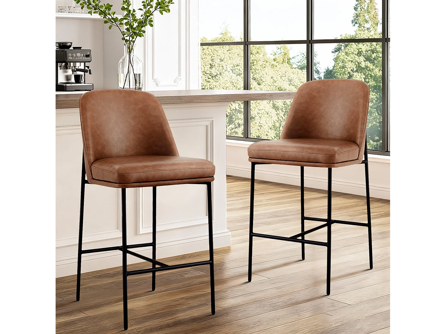 Lot de 4 Tabouret de Bar,Chaise de Bar,Chaises Hautes en PU, avec Dossier et Repose-Pieds, Hauteur 97 cm, pour Bars et Cuisine Brun