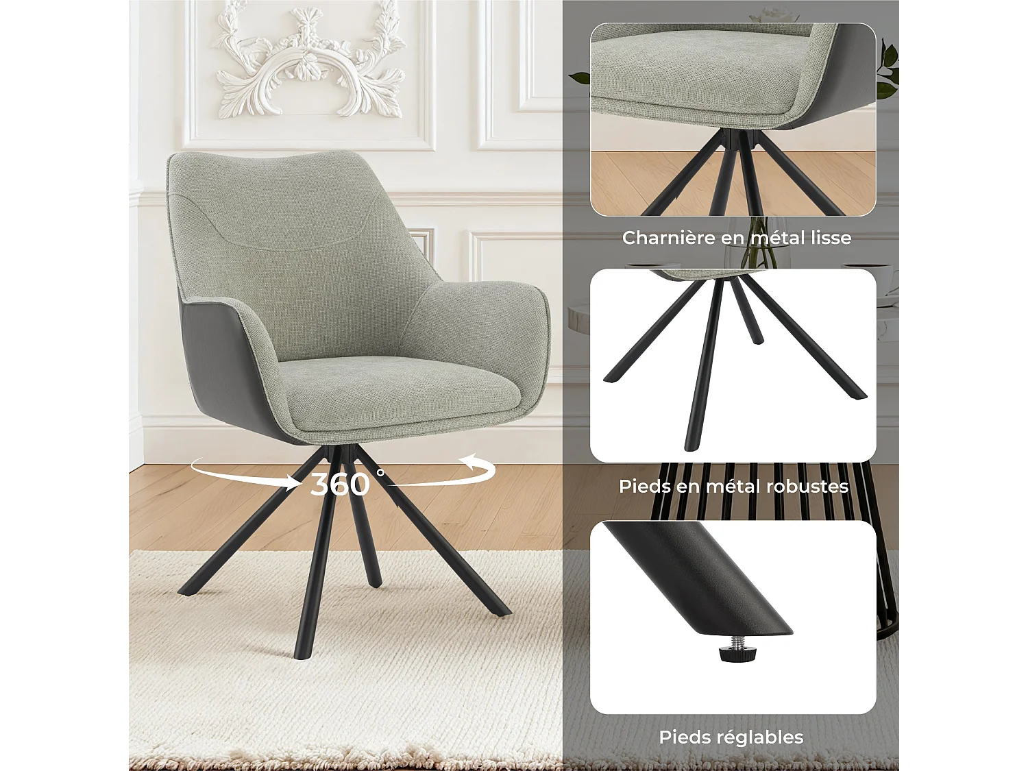 Lot de 4 Chaises de Salle à Manger, Fauteuil Pivotant à  360°, Chaise de Cuisine Coussinets de Pied Réglable Gris