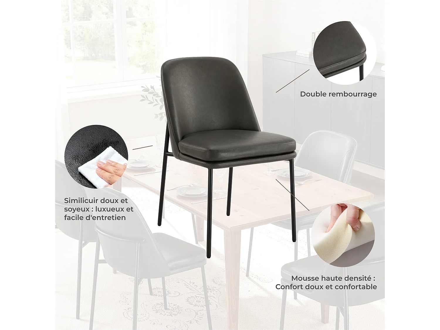 Lot de 6 Chaises de Salle à Manger, Pieds en Métal, Avec Dossier, en PU, Style Moderne Gris foncé