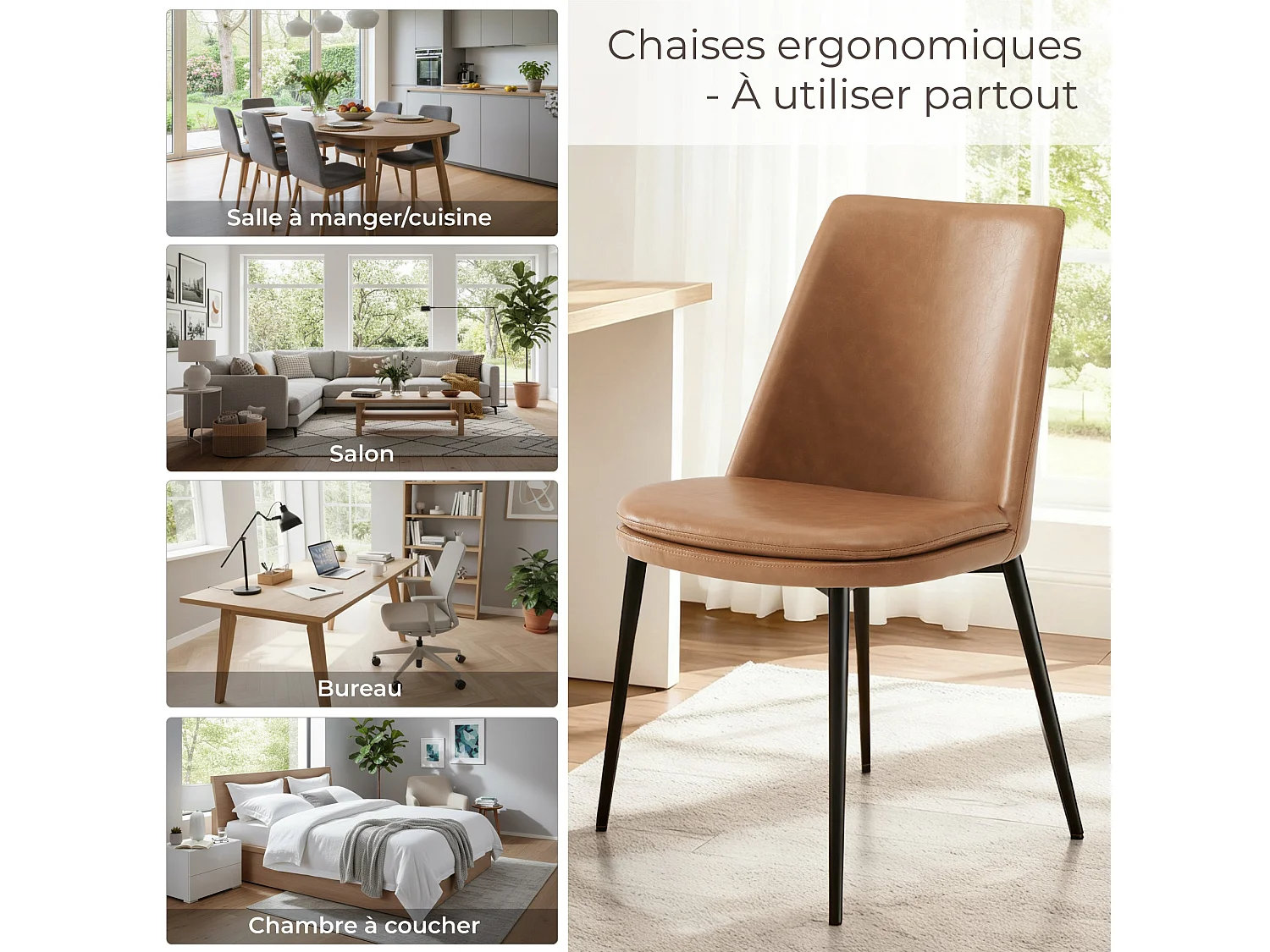 Lot de 6 Chaises de Salle à Manger, en PU, Pieds en Métal, Avec Dossier Marron