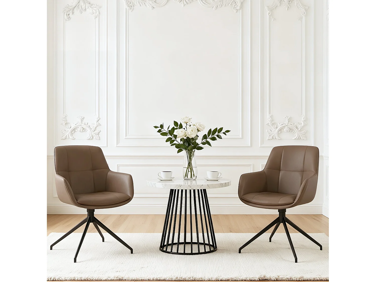 Lot de 4 Chaises de Salle à Manger,  Fauteuil Pivotant à  360°, Chaise de Cuisine en PU Coussinets de Pied Réglable Brun