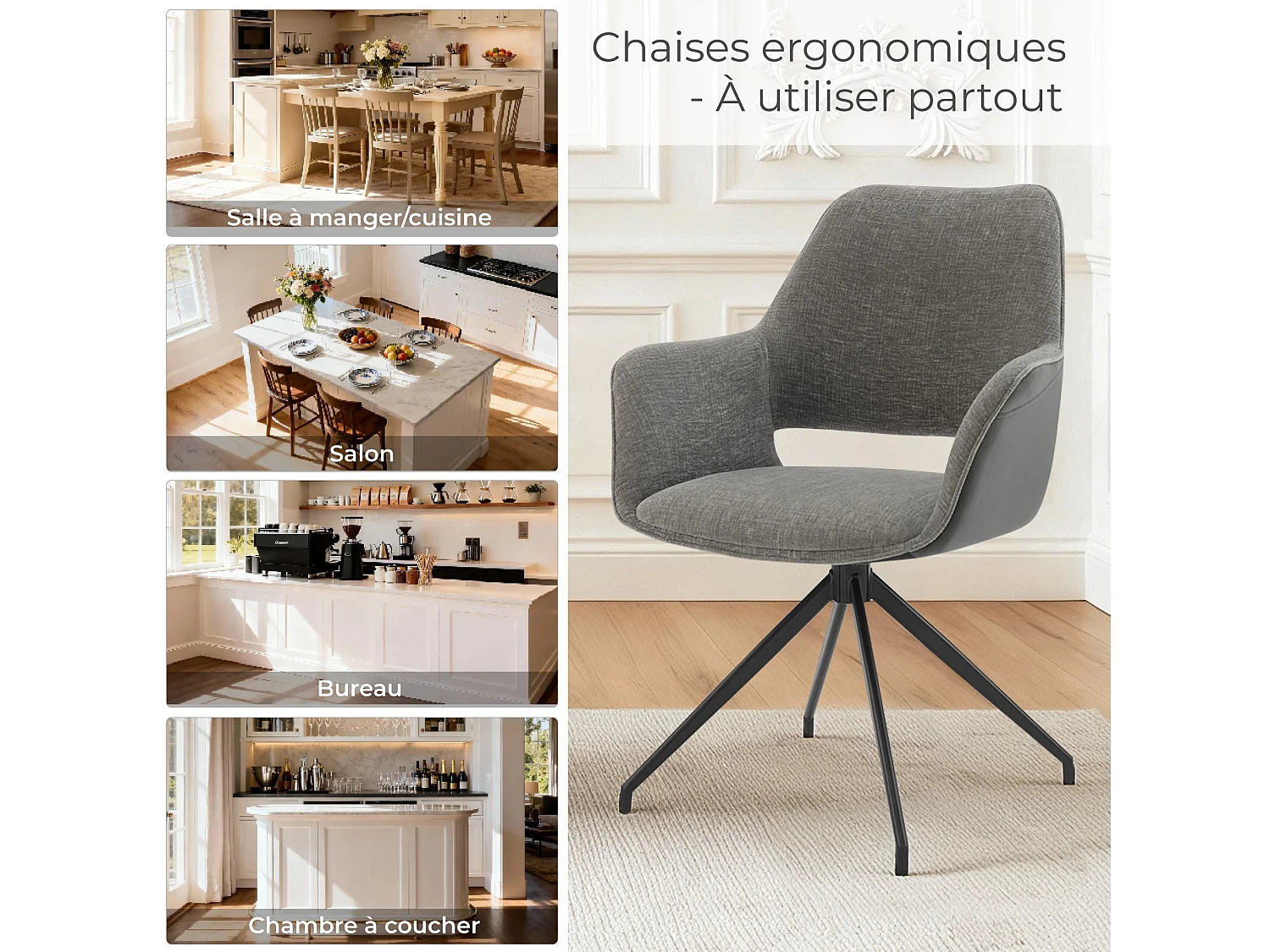Lot de 4 Chaises de Salle à Manger,  Fauteuil Pivotant à  360°, Chaise de Cuisine  Coussinets de Pied Réglable Gris