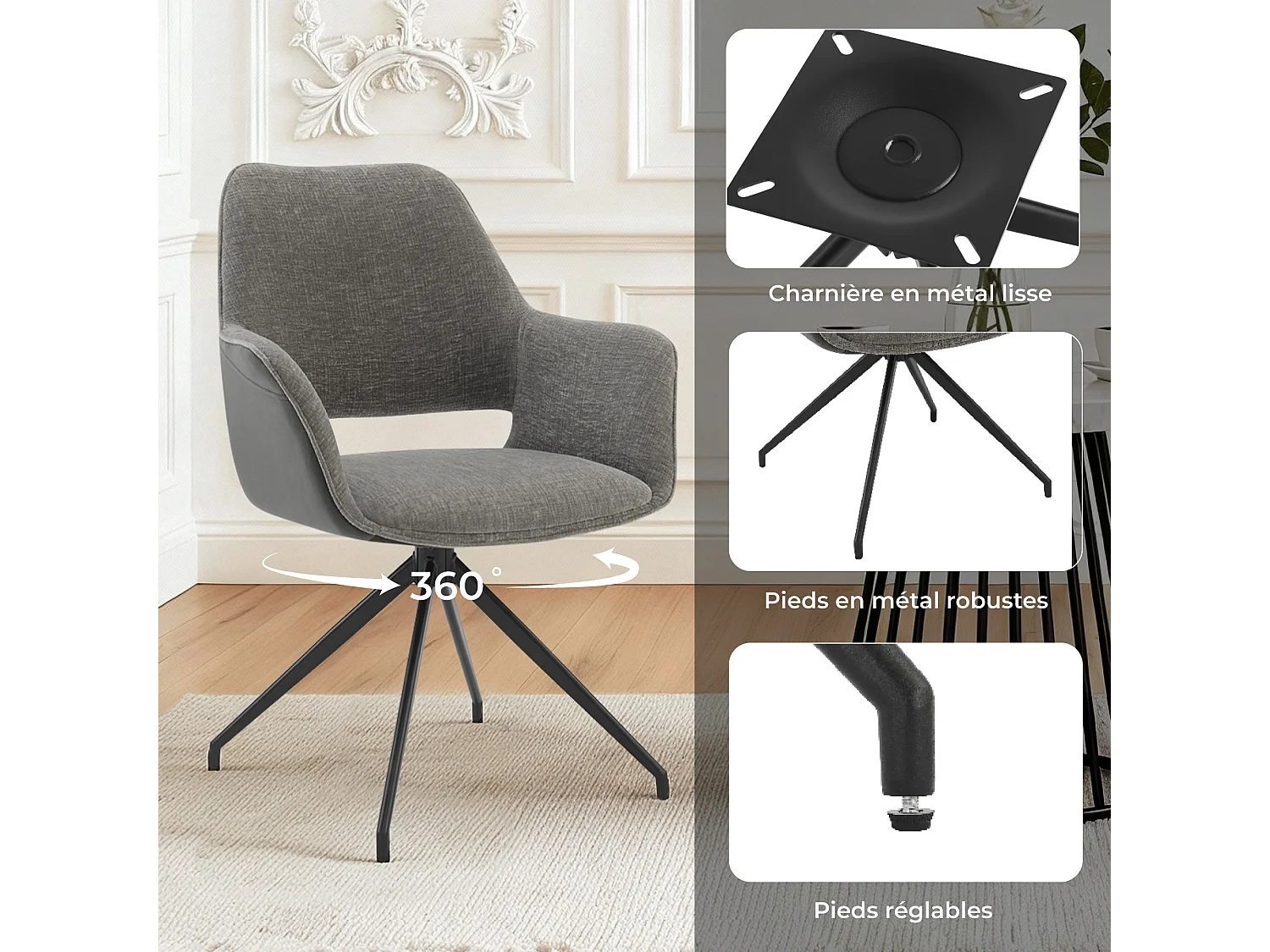 Lot de 4 Chaises de Salle à Manger,  Fauteuil Pivotant à  360°, Chaise de Cuisine  Coussinets de Pied Réglable Gris