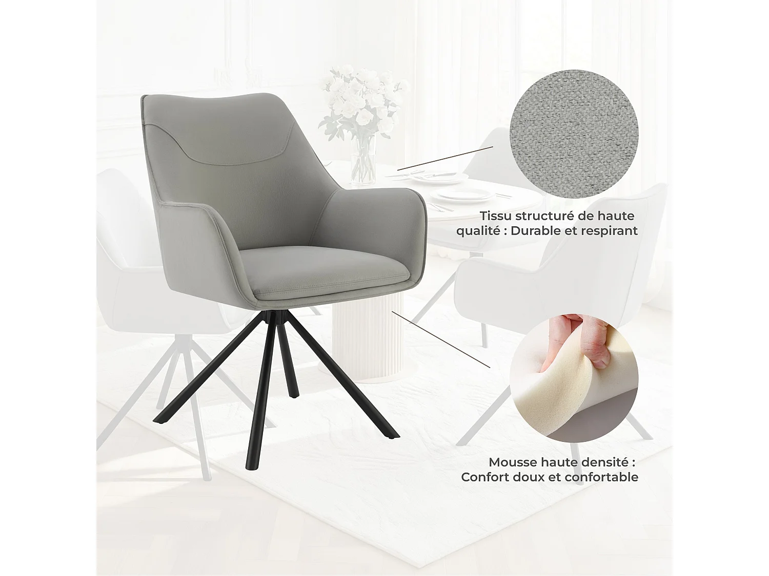 Lot de 4 Chaises de Salle à Manger, Fauteuil Pivotant à  360°, Chaise de Cuisine Coussinets de Pied Réglable Gris
