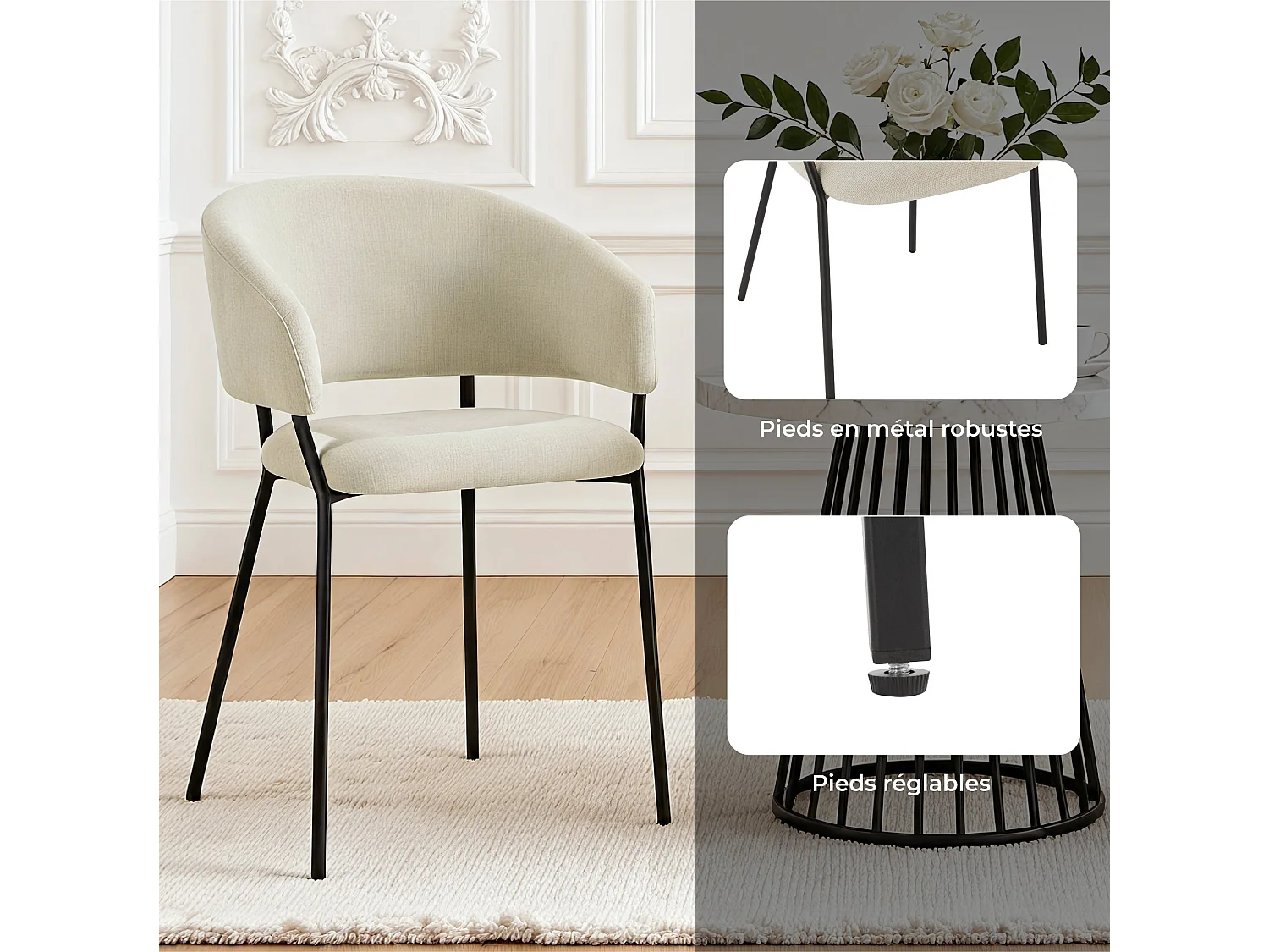 Lot de 6 Chaises de Salle à Manger, Pieds en Métal, Avec Dossier, Style Industriel Beige