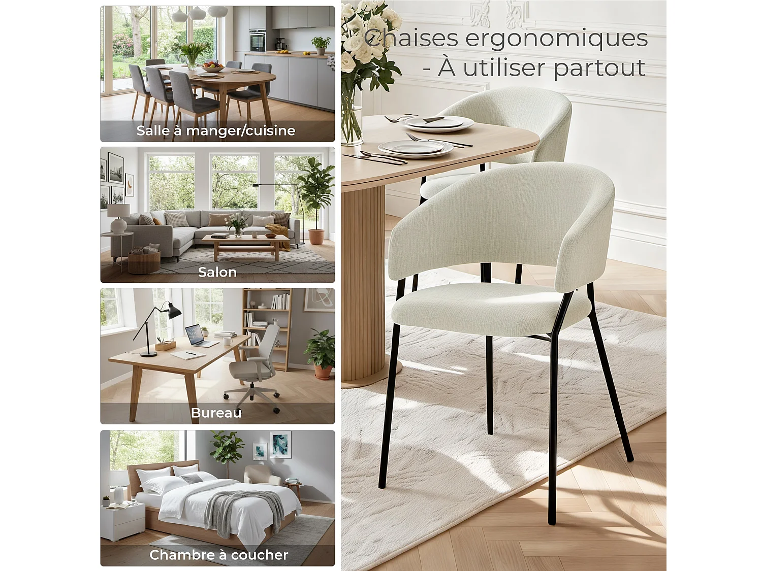 Lot de 6 Chaises de Salle à Manger, Pieds en Métal, Avec Dossier, Style Industriel Beige