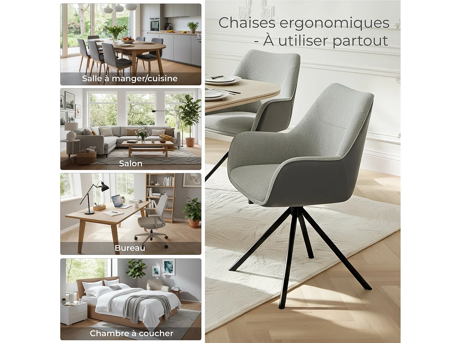 Lot de 6 Chaises de Salle à Manger, Fauteuil Pivotant à 360 degrés, Chaise de Cuisine Coussinets de Pied Réglables Gris