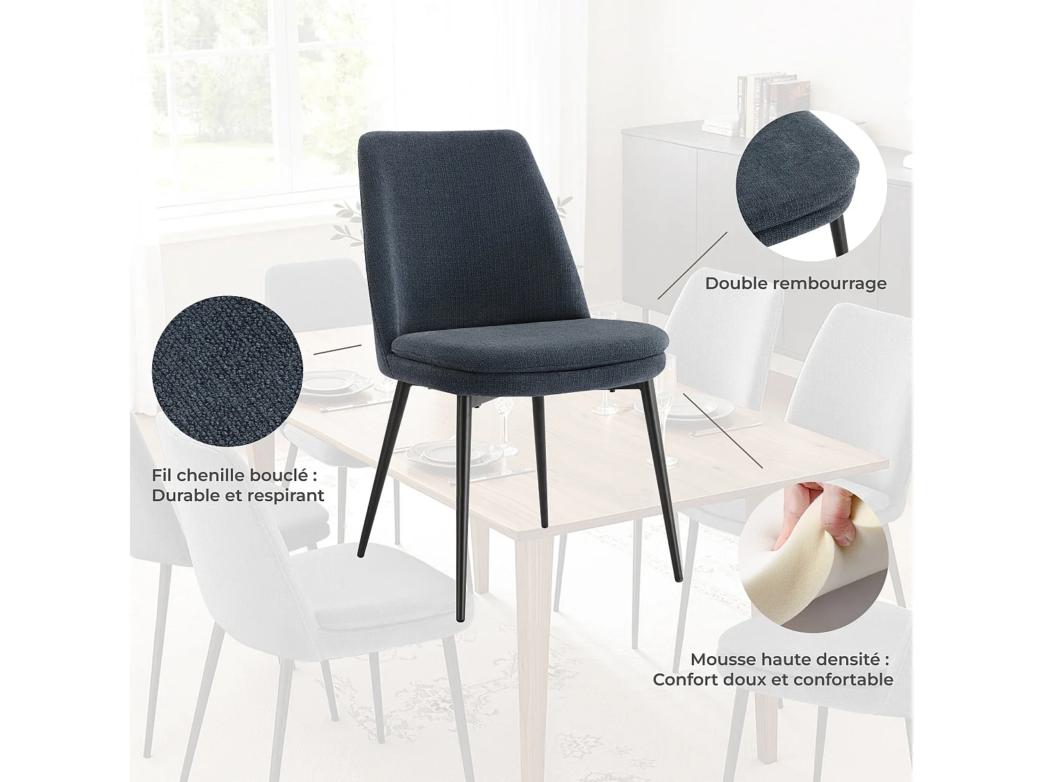 Lot de 6 Chaises de Salle à Manger, Pieds en Métal, Avec Dossier,en Chenille Bleu Foncé