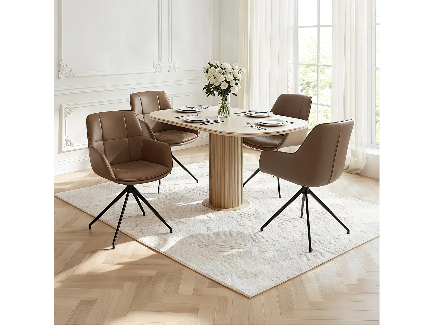 Lot de 6 Chaises de Salle à Manger,  Fauteuil Pivotant à 360 degrés, Chaise de Cuisine en PU Coussinets de Pied Réglables Brun