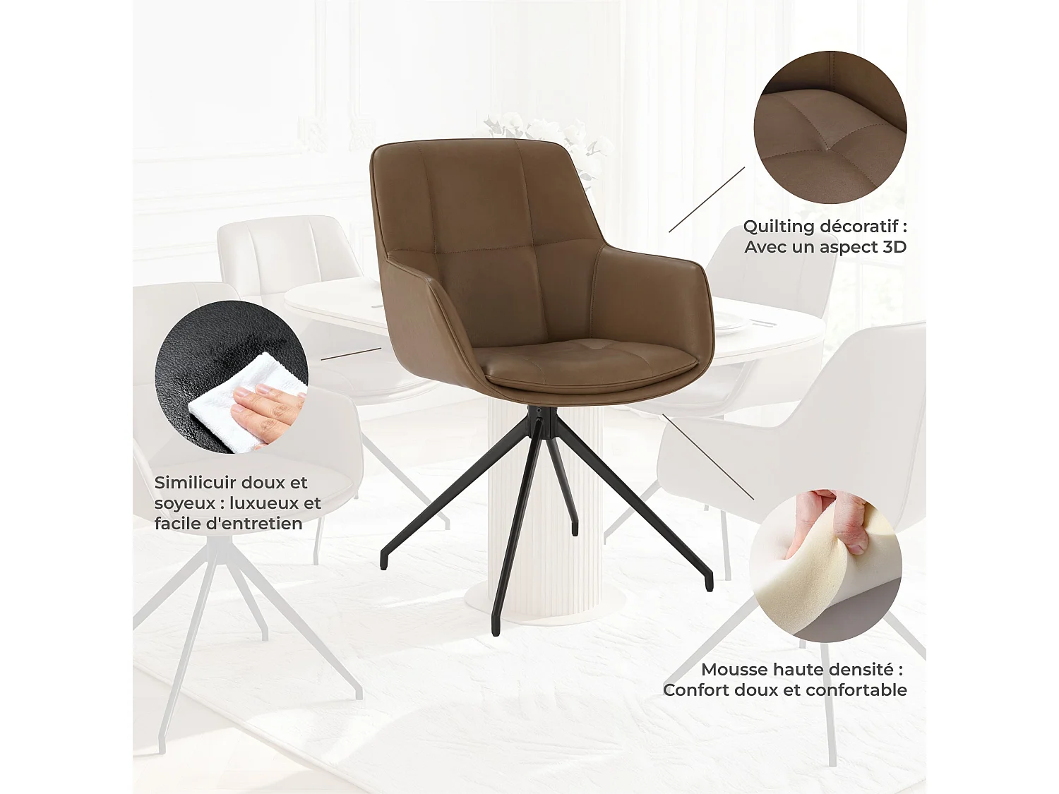 Lot de 6 Chaises de Salle à Manger,  Fauteuil Pivotant à 360 degrés, Chaise de Cuisine en PU Coussinets de Pied Réglables Brun