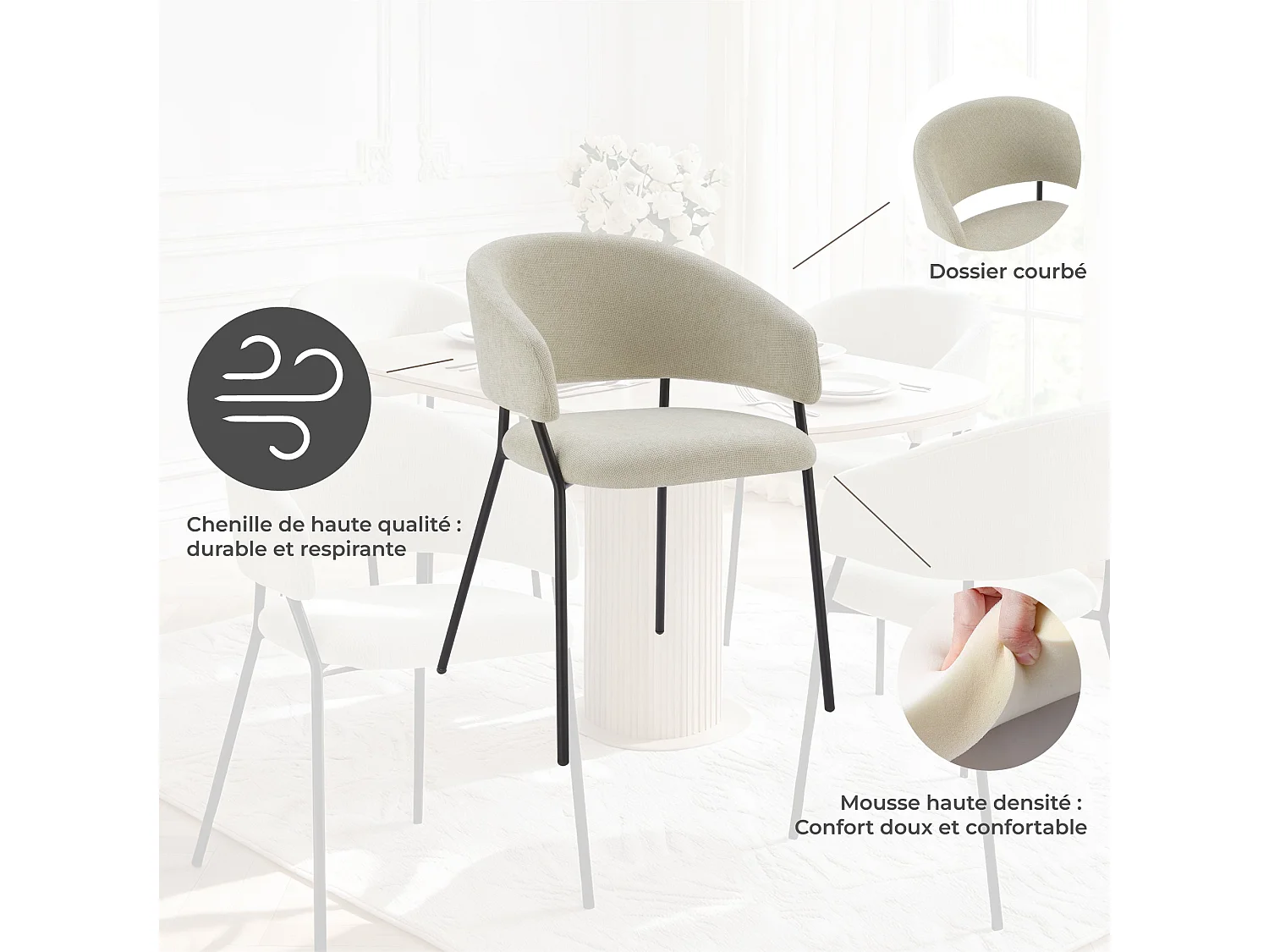 Lot de 4 Chaises de Salle à Manger, Pieds en Métal, Avec Dossier, Style Industriel Beige