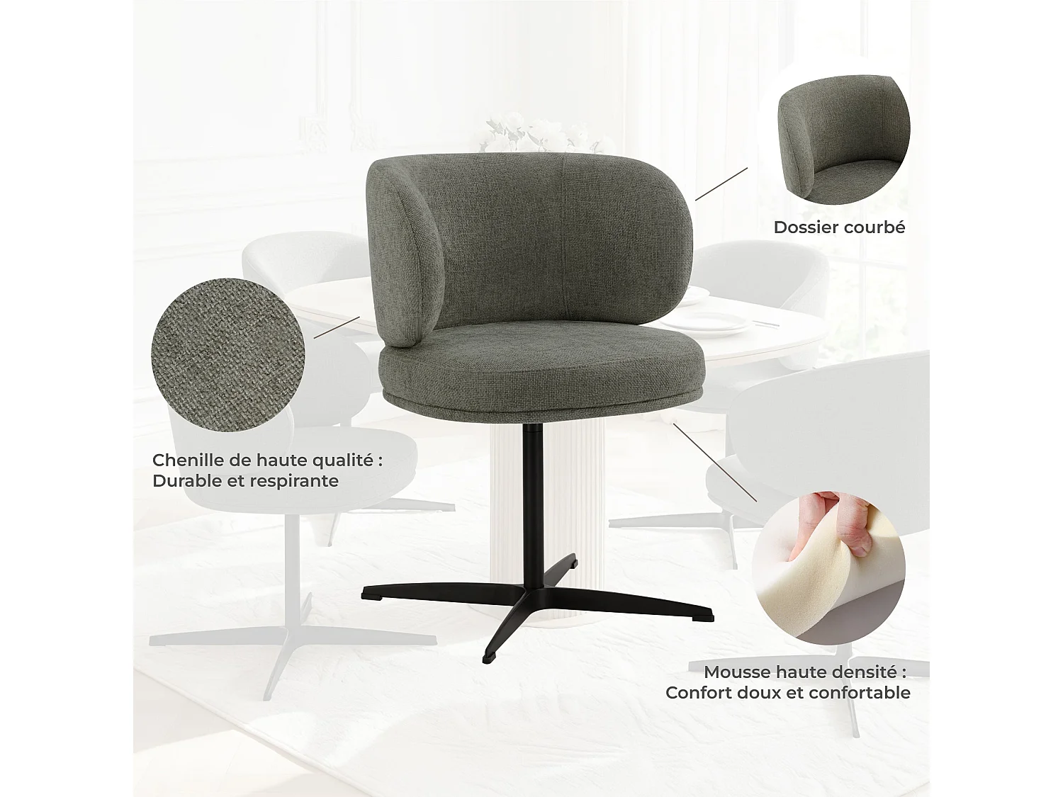 Lot de 4 Chaises de Salle à Manger Chaise de Bureau Pivotante Chaise pour Chambre-coiffeuse Gris