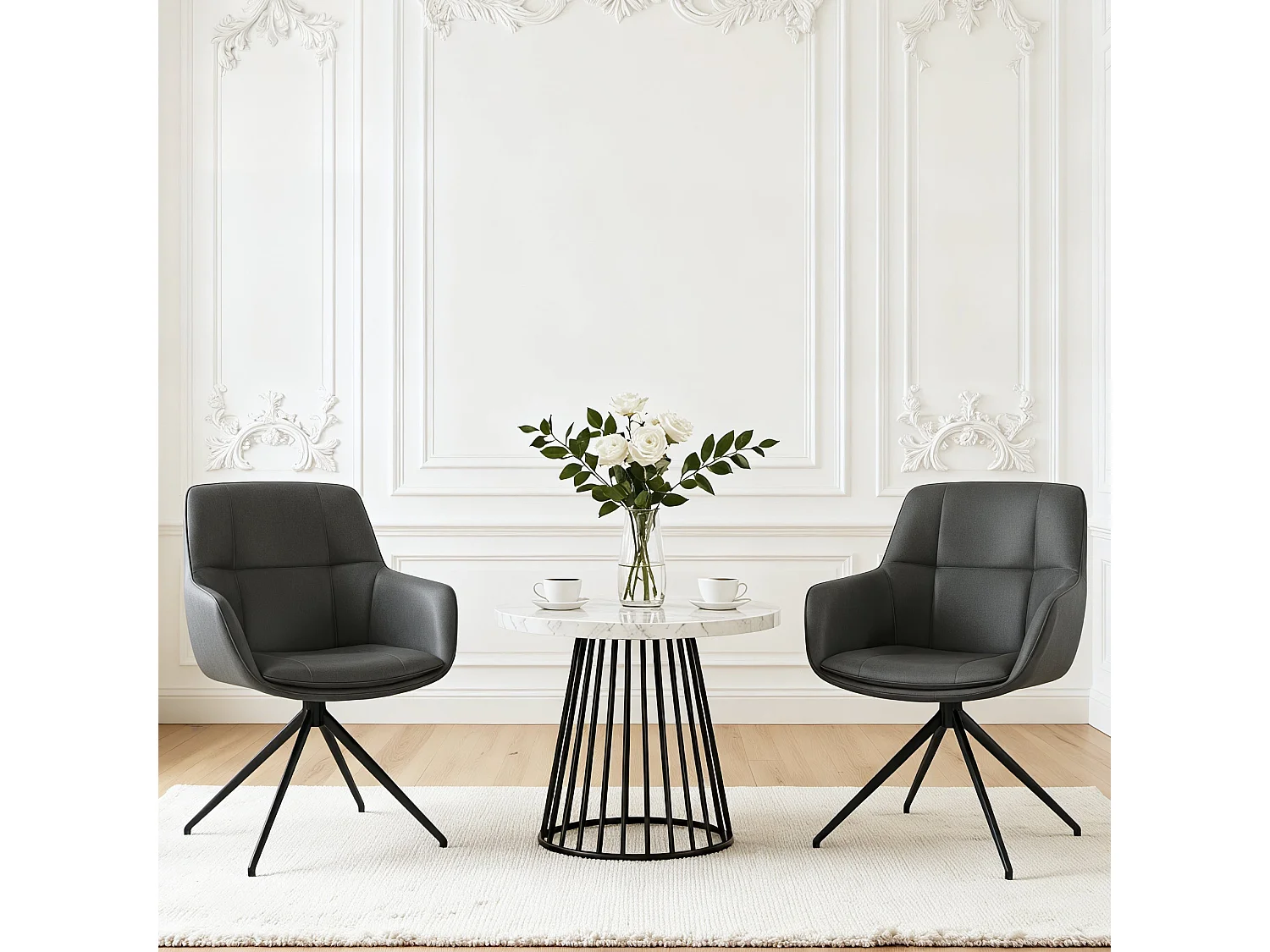 Lot de 4 Chaises de Salle à Manger,  Fauteuil Pivotant à 360° , Chaise de Cuisine en PU Coussinets de Pied Réglable Gris foncé