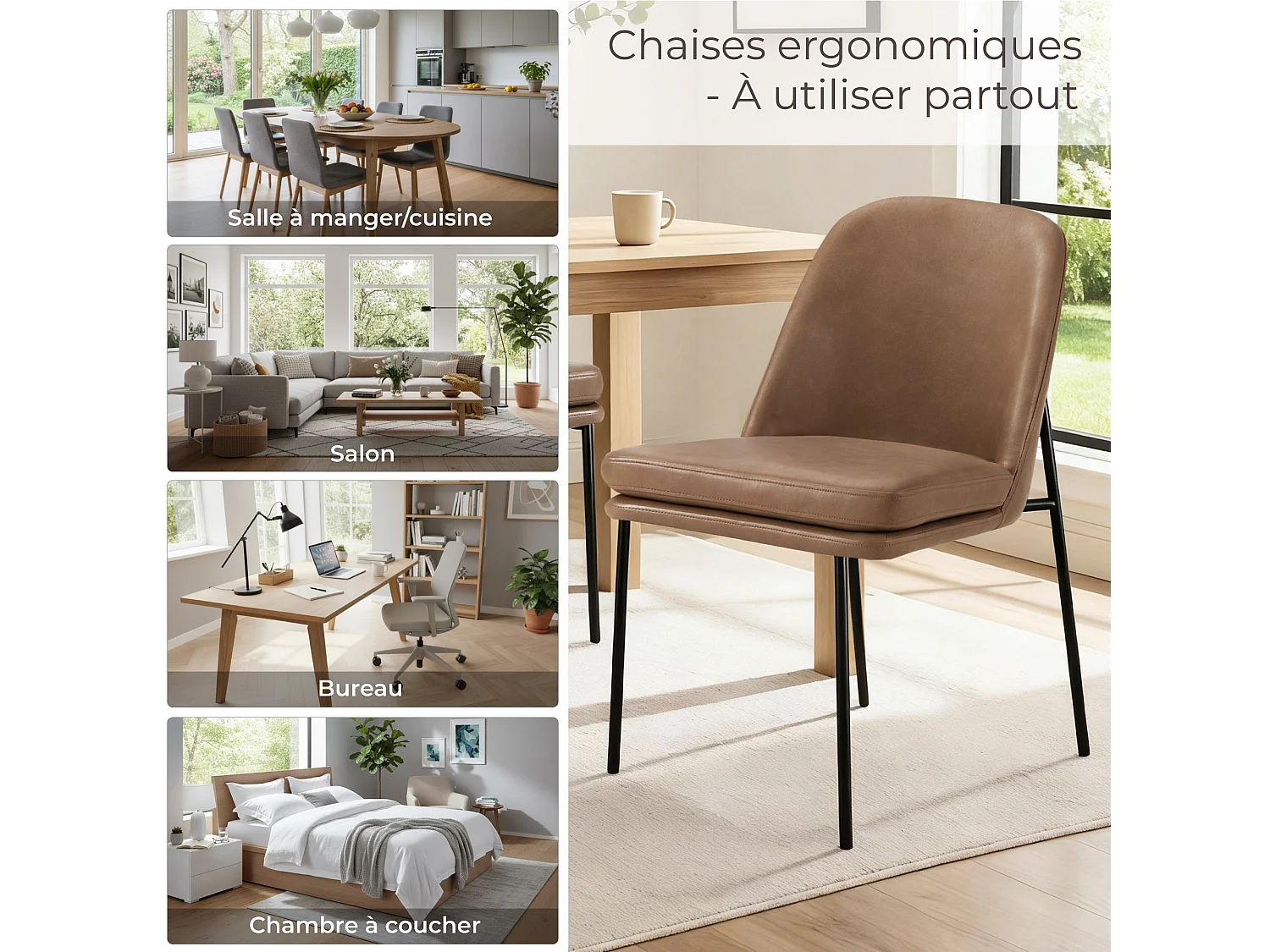 Lot de 4 Chaises de Salle à Manger, Pieds en Métal, Avec Dossier, en PU, Style Moderne marron