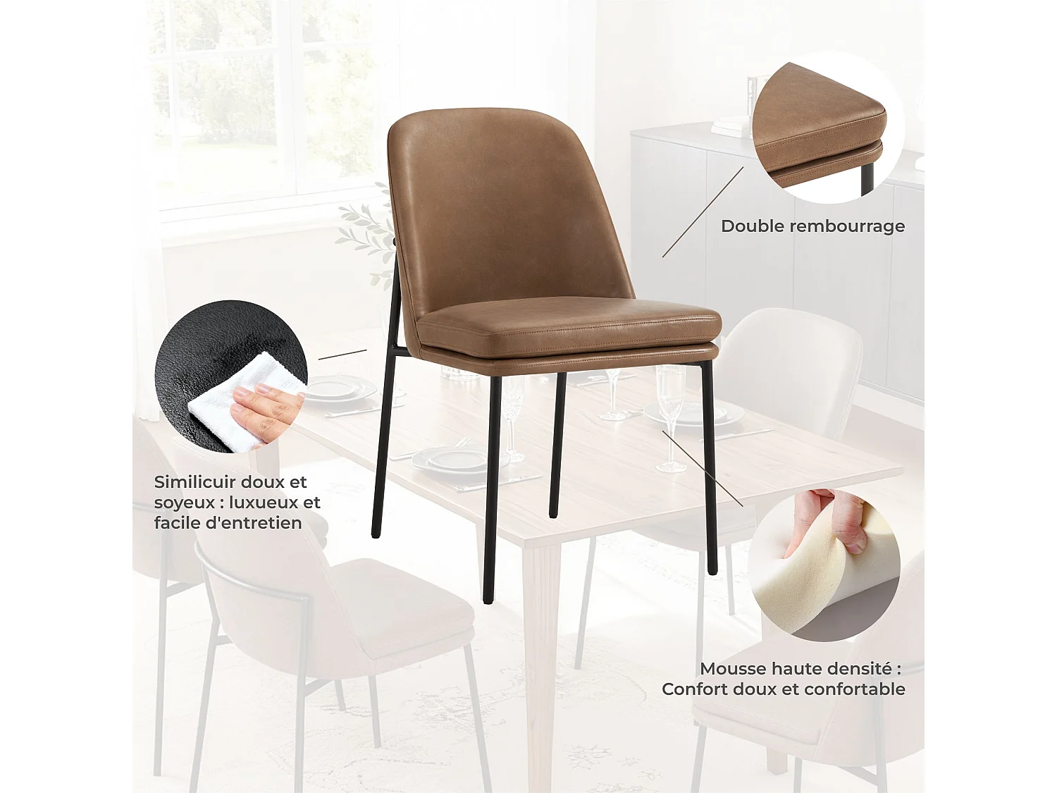 Lot de 4 Chaises de Salle à Manger, Pieds en Métal, Avec Dossier, en PU, Style Moderne marron